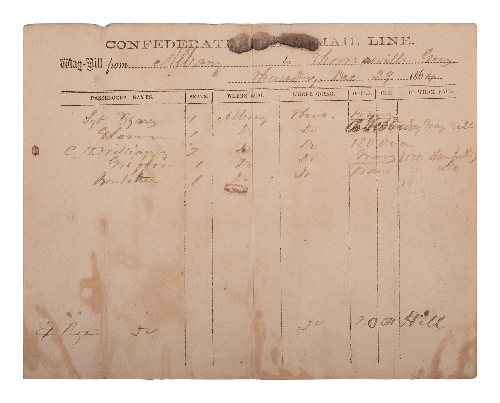 [AFRICAN AMERICANA] -- [CIVIL WAR]. Confederate States Mail Line waybill detailing a coach and its passengers, including enslaved persons "Glenn," "Griffin," and "Boutcher." 29 December 1864.