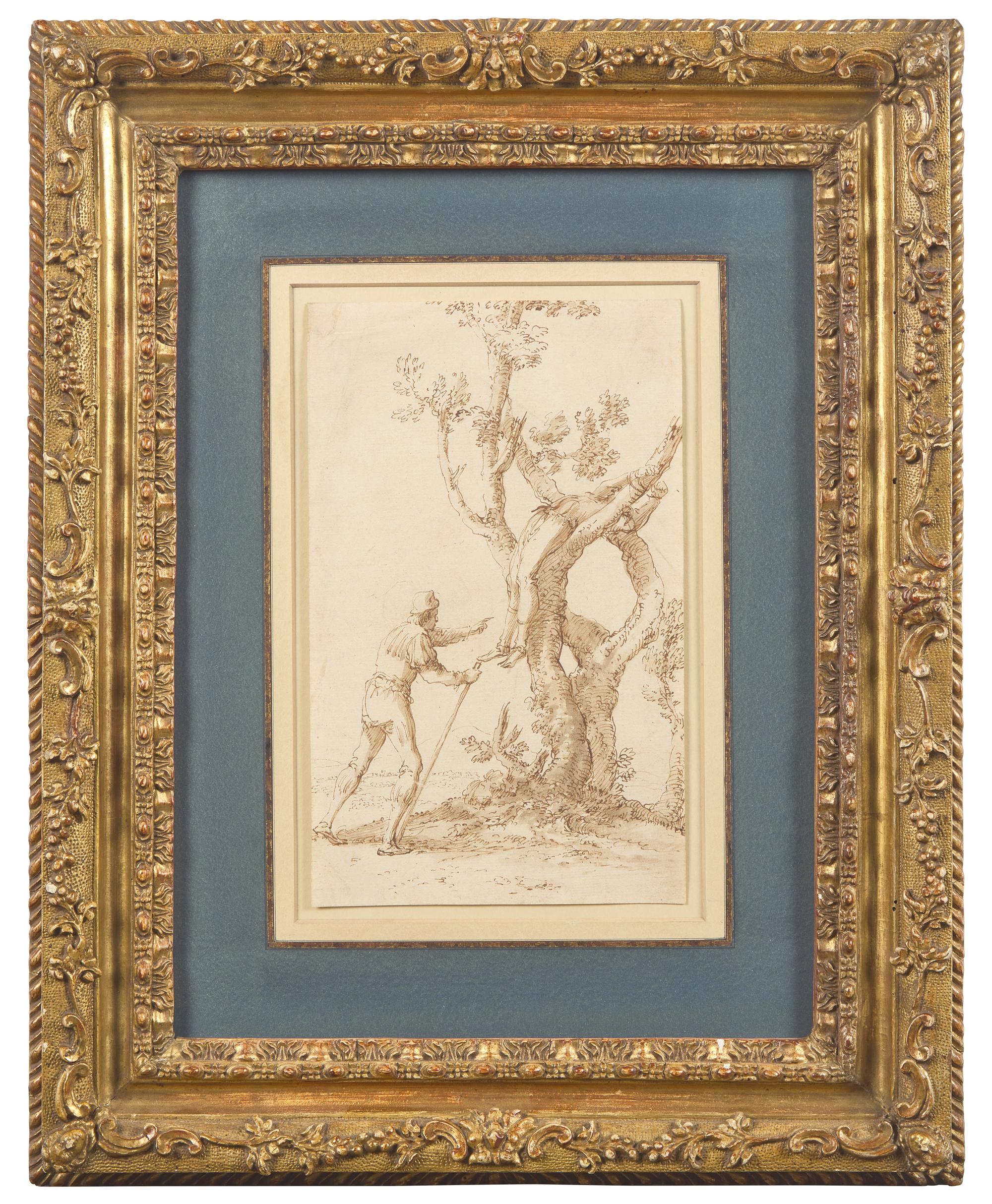A Figure Tied to a Tree discovered by a Man Walking