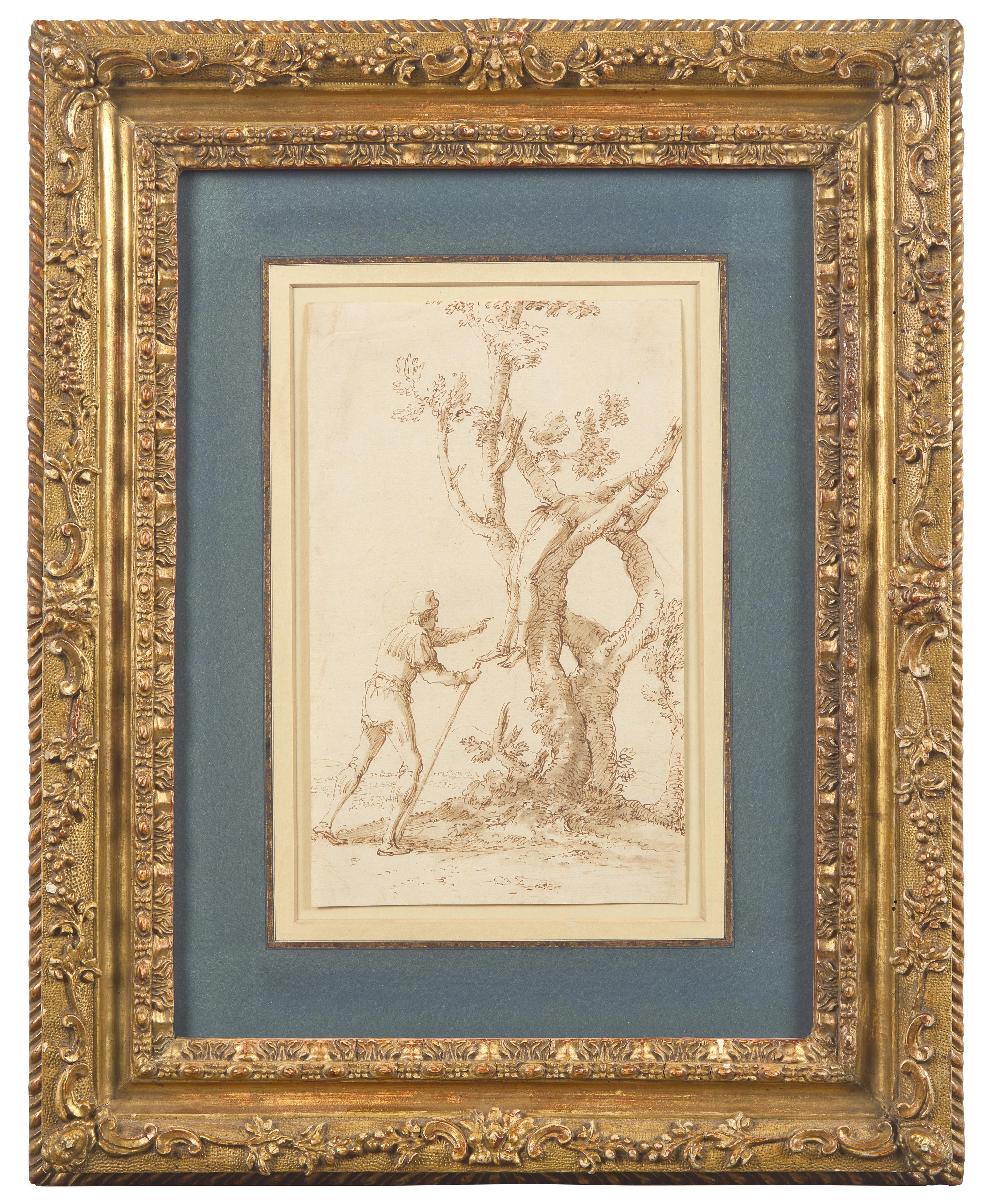 A Figure Tied to a Tree discovered by a Man Walking