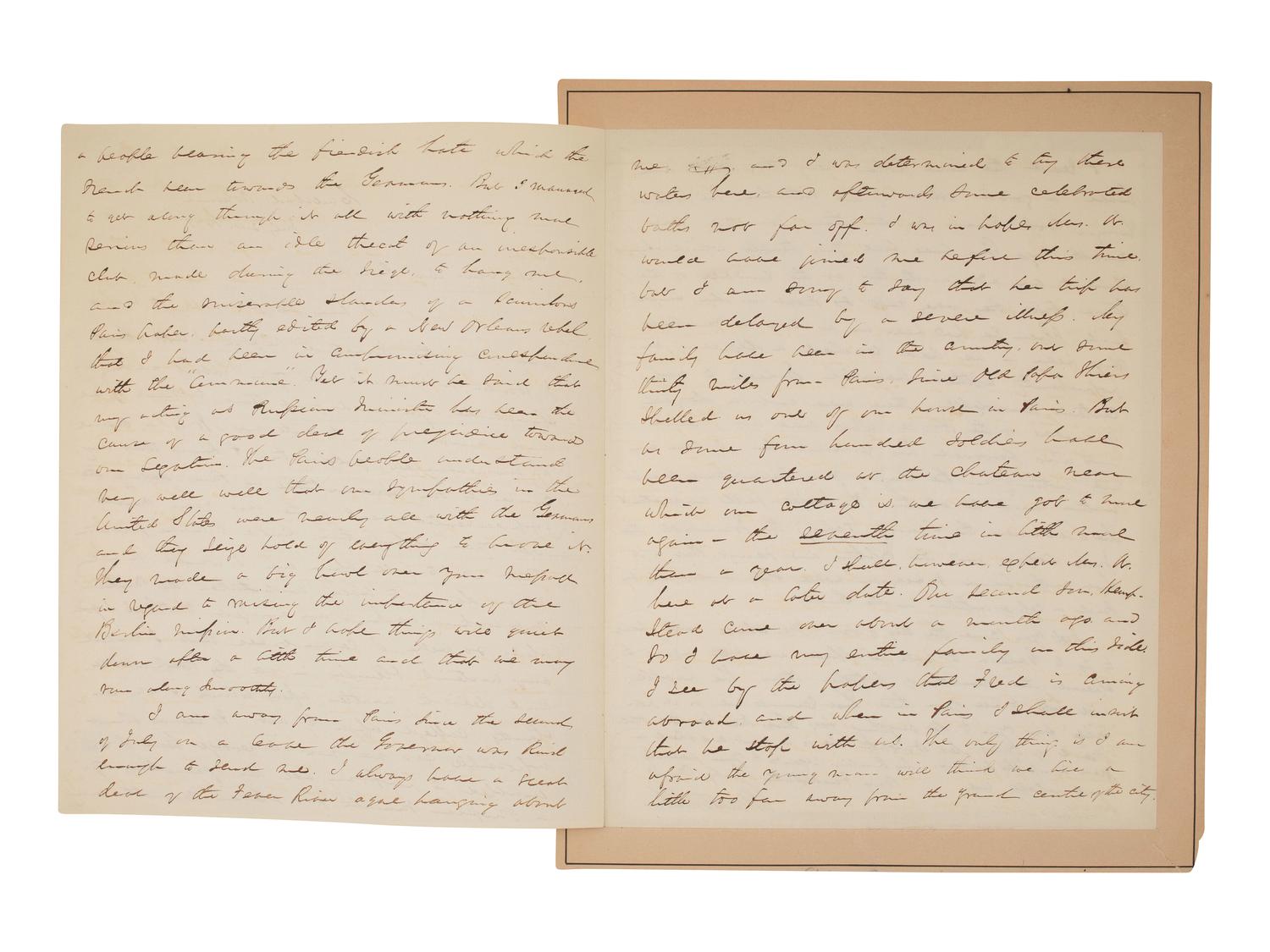 WASHBURNE, Elihu B. (1816-1887). Autograph letter signed ("E.B. Washburne") to President U.S. Grant, as Minister to France. Carlsbad, Bohemia, 24 July 1871.