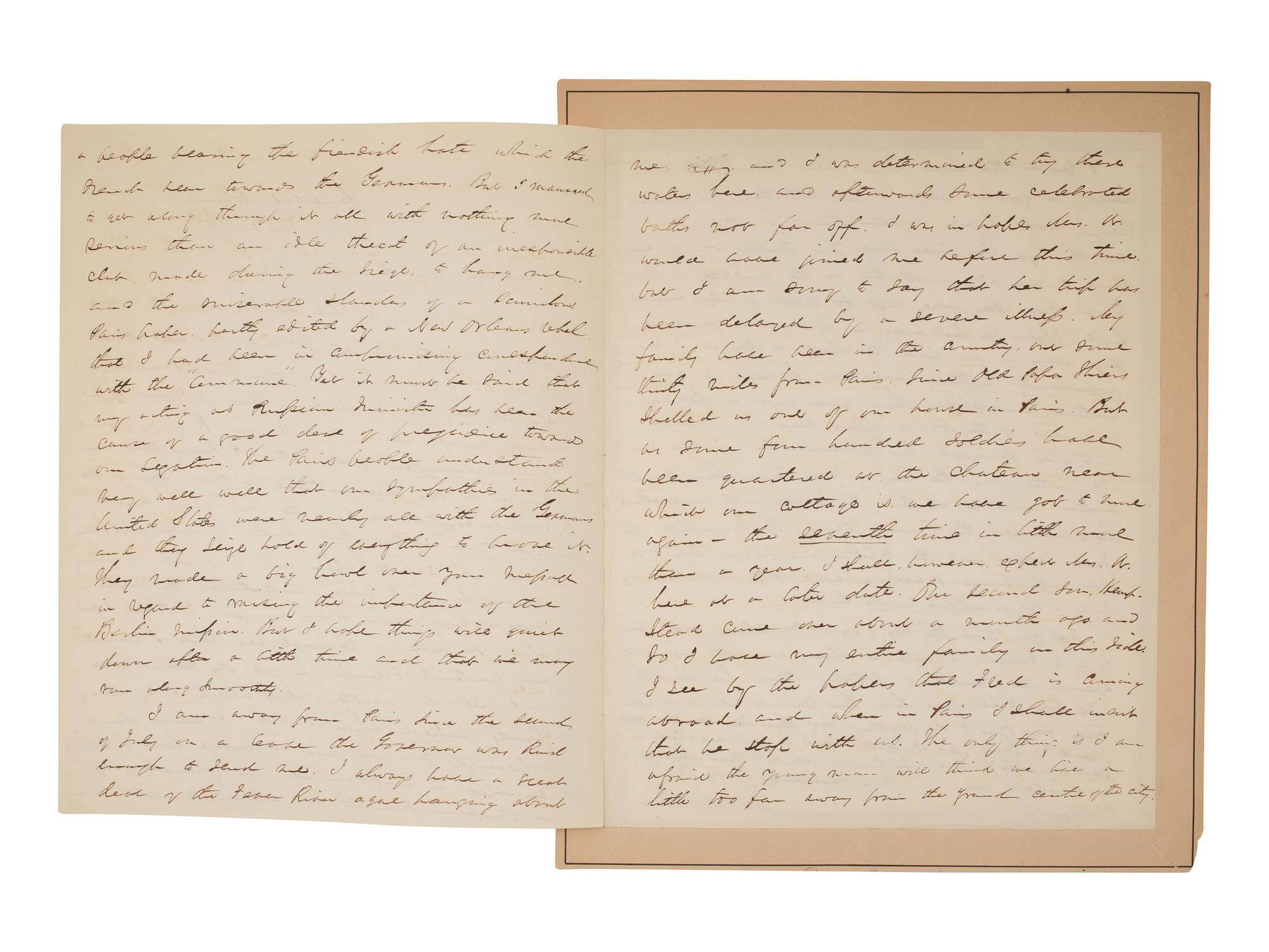 WASHBURNE, Elihu B. (1816-1887). Autograph letter signed ("E.B. Washburne") to President U.S. Grant, as Minister to France. Carlsbad, Bohemia, 24 July 1871.