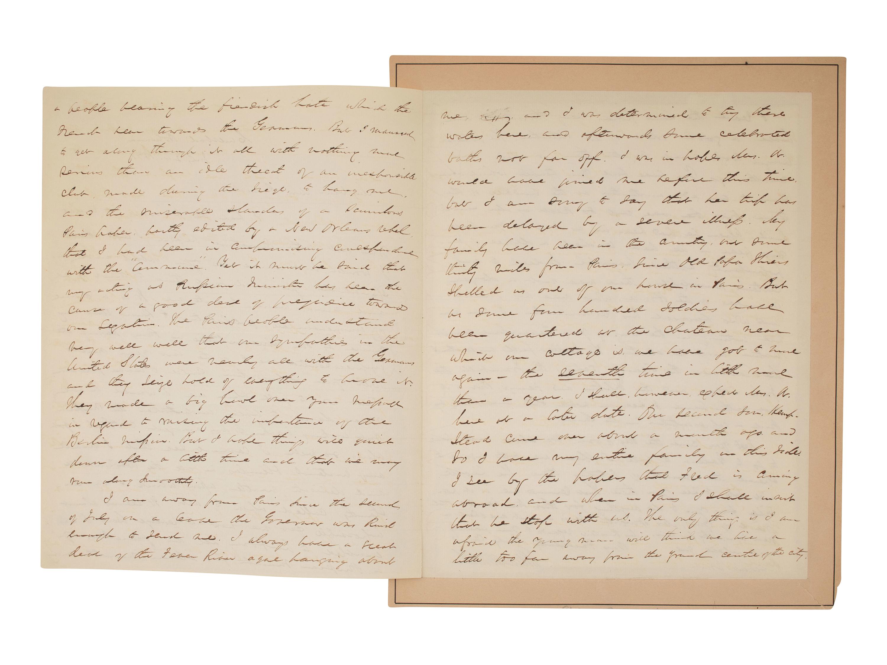 WASHBURNE, Elihu B. (1816-1887). Autograph letter signed ("E.B. Washburne") to President U.S. Grant, as Minister to France. Carlsbad, Bohemia, 24 July 1871.
