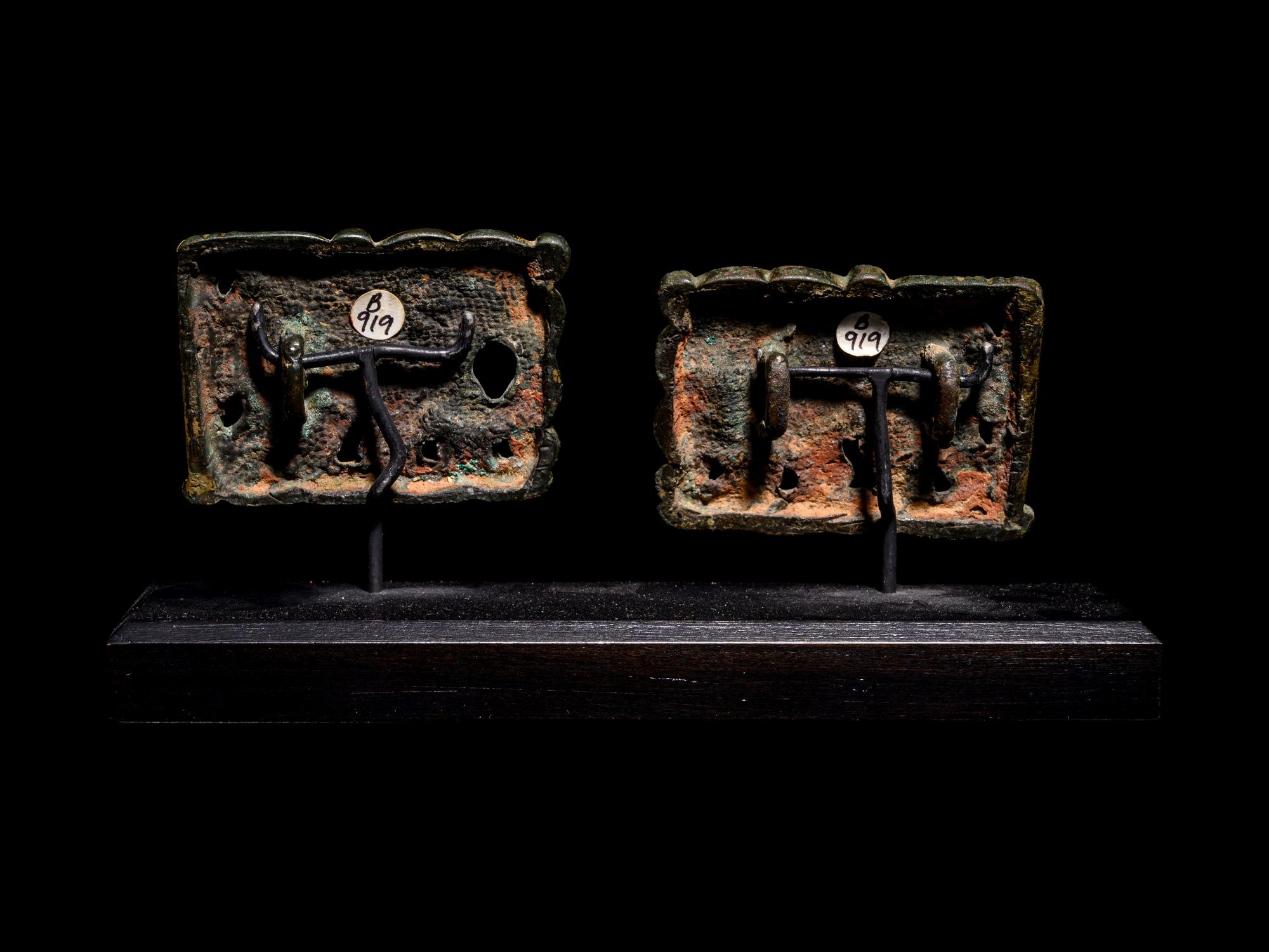 A Pair of Ordos Bronze Plaques of Mythological Beasts