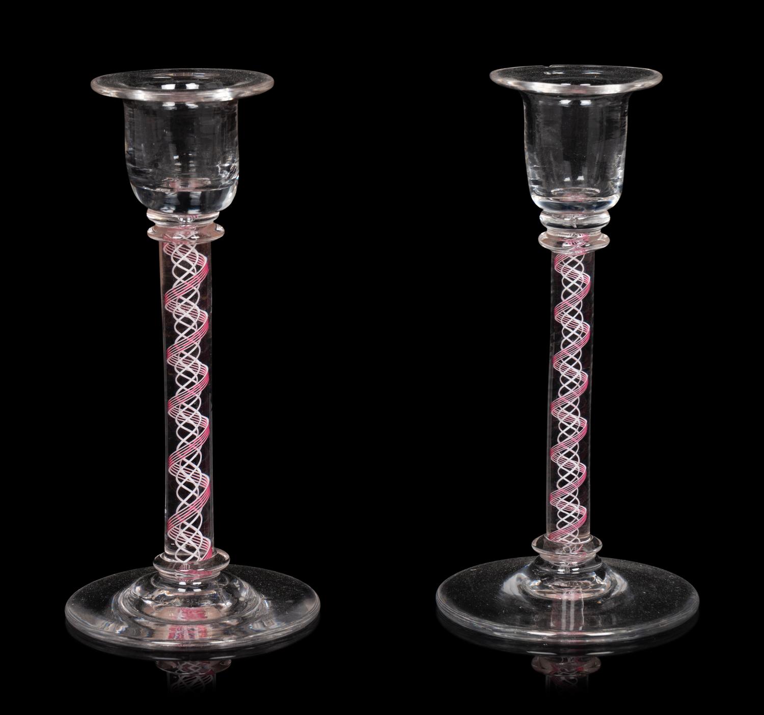 A Pair of Internal Twist Glass Candlesticks