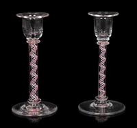 A Pair of Internal Twist Glass Candlesticks