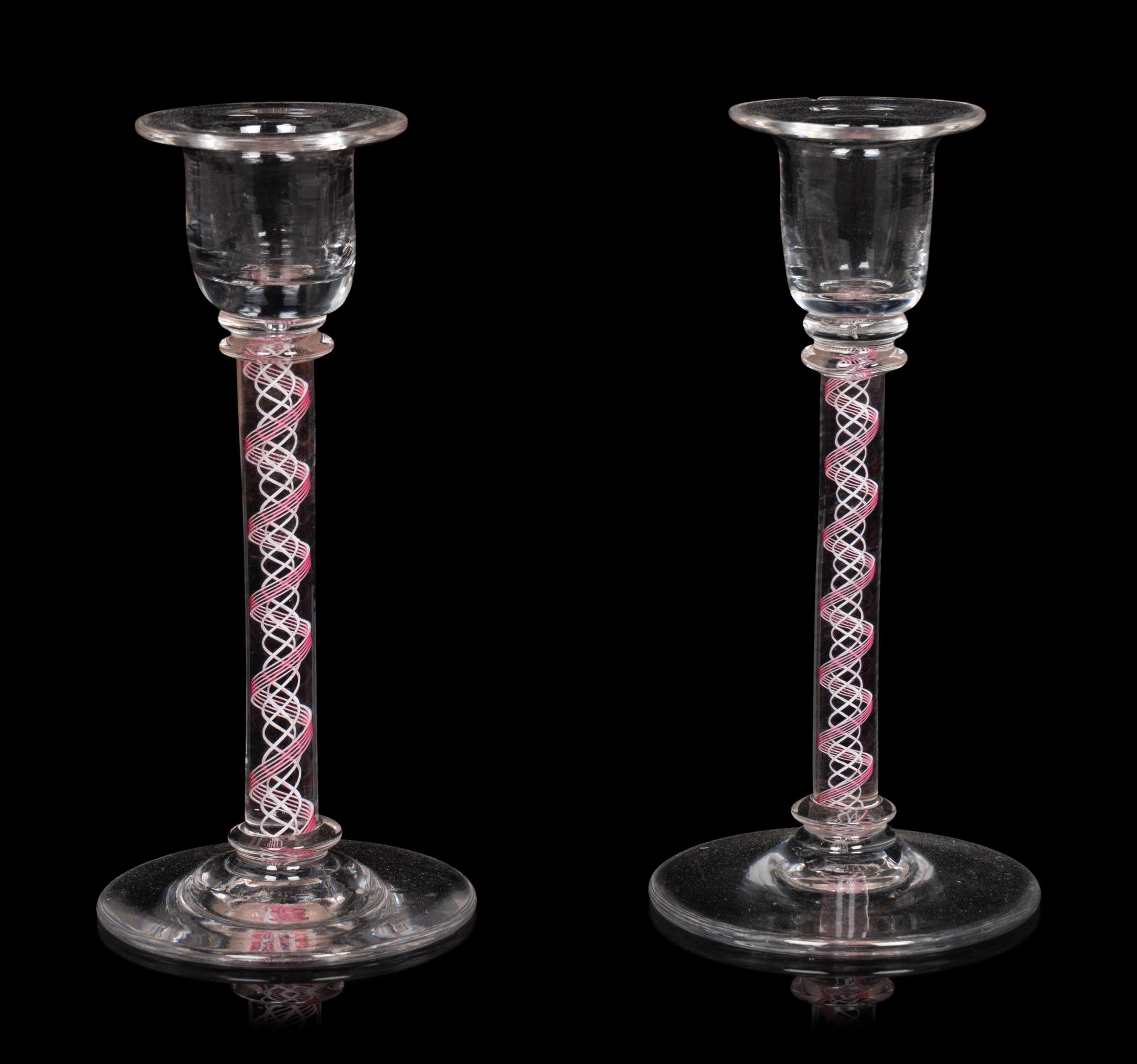 A Pair of Internal Twist Glass Candlesticks