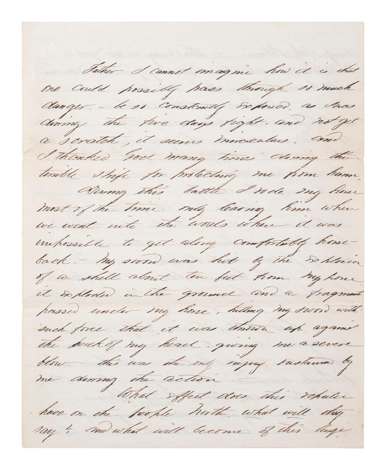 [CIVIL WAR]. Battle of Chancellorsville letter with hand-drawn map of the battlefield, written 5 days after the battle by First Lieutenant Daniel K. Cross, 5th New Hampshire Infantry. "Camp near Falmouth Va," 8 May 1863.