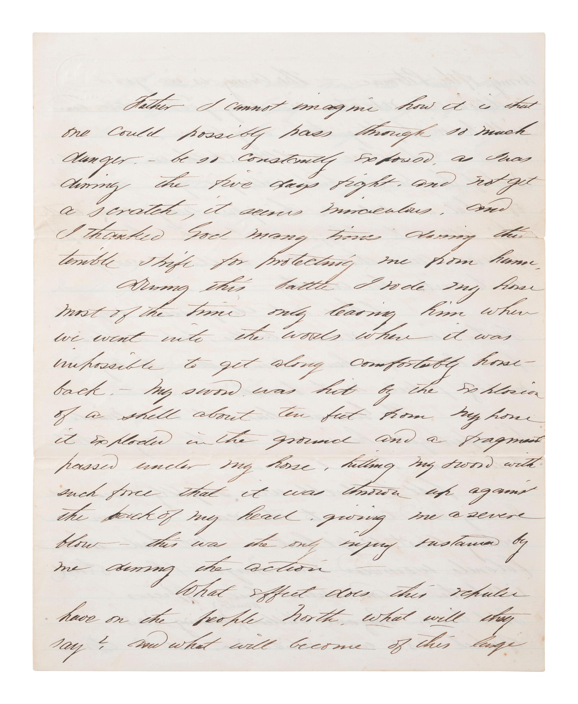 [CIVIL WAR]. Battle of Chancellorsville letter with hand-drawn map of the battlefield, written 5 days after the battle by First Lieutenant Daniel K. Cross, 5th New Hampshire Infantry. "Camp near Falmouth Va," 8 May 1863.