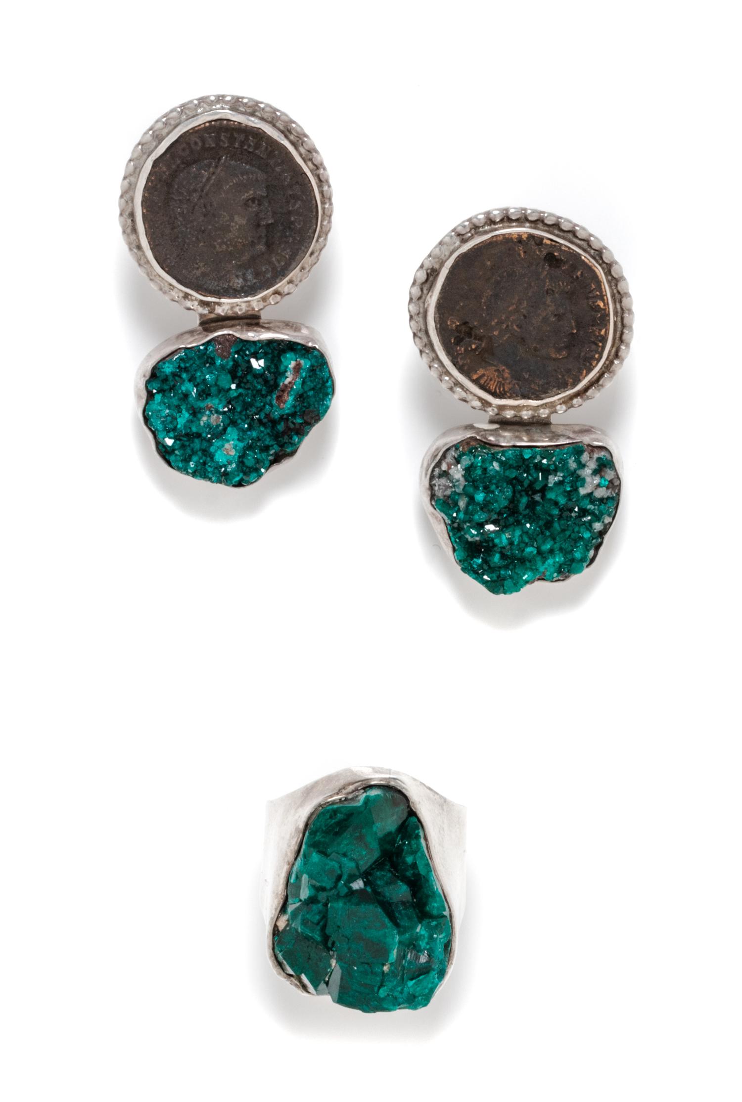 A Collection of Sterling Silver, Synthetic Emerald and Ancient Coin Jewelry, Rebecca Collins, 42.40 dwts.