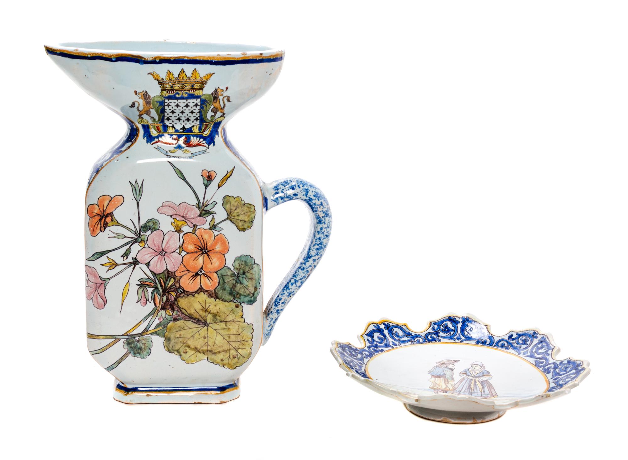 Two Quimper Pottery Table Articles Height of pitcher 10 3/4 inches.