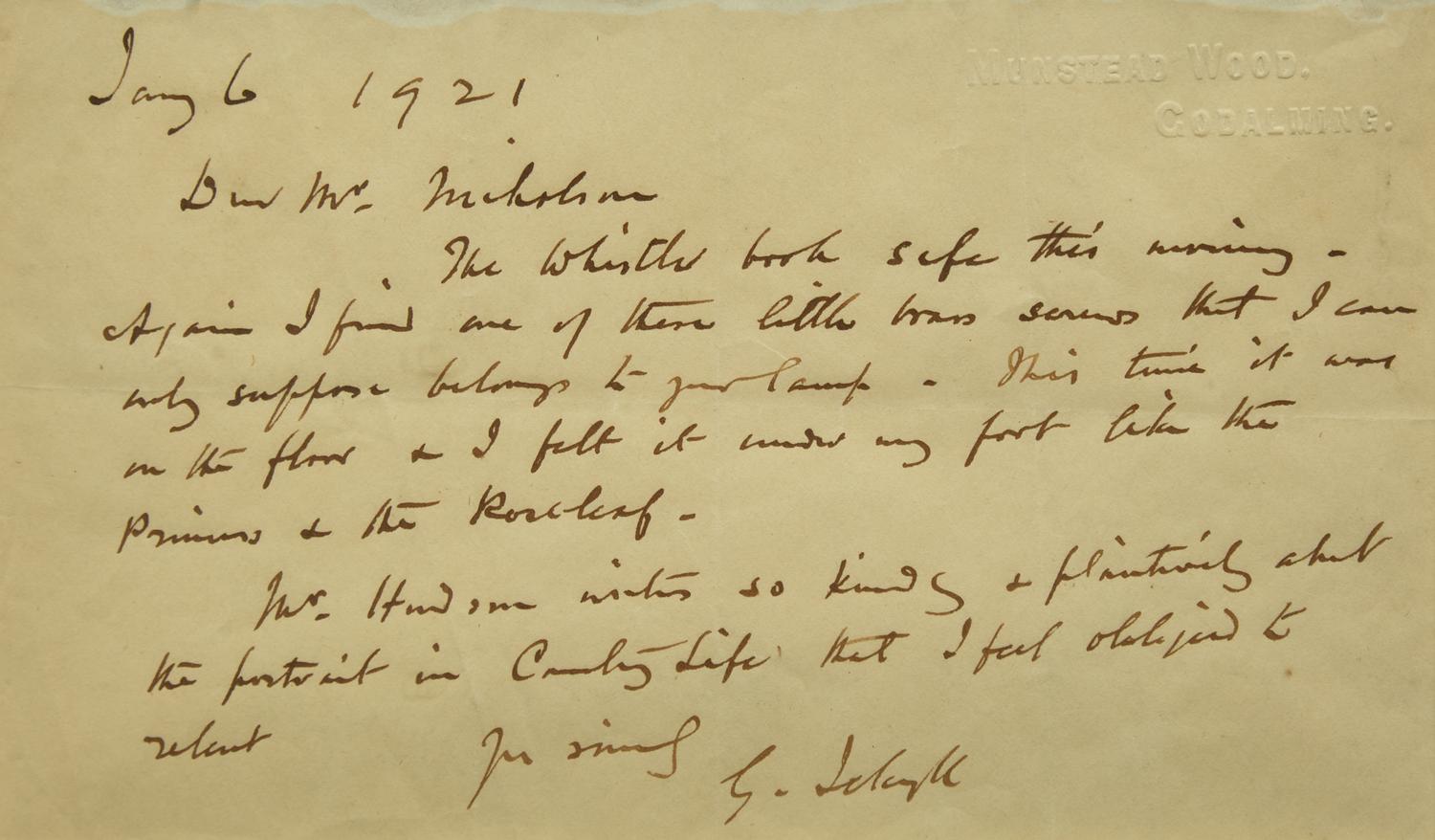 [Gardening] Jekyll, Gertrude. Group of Three Autograph Letters, signed, to artist William Nicholson