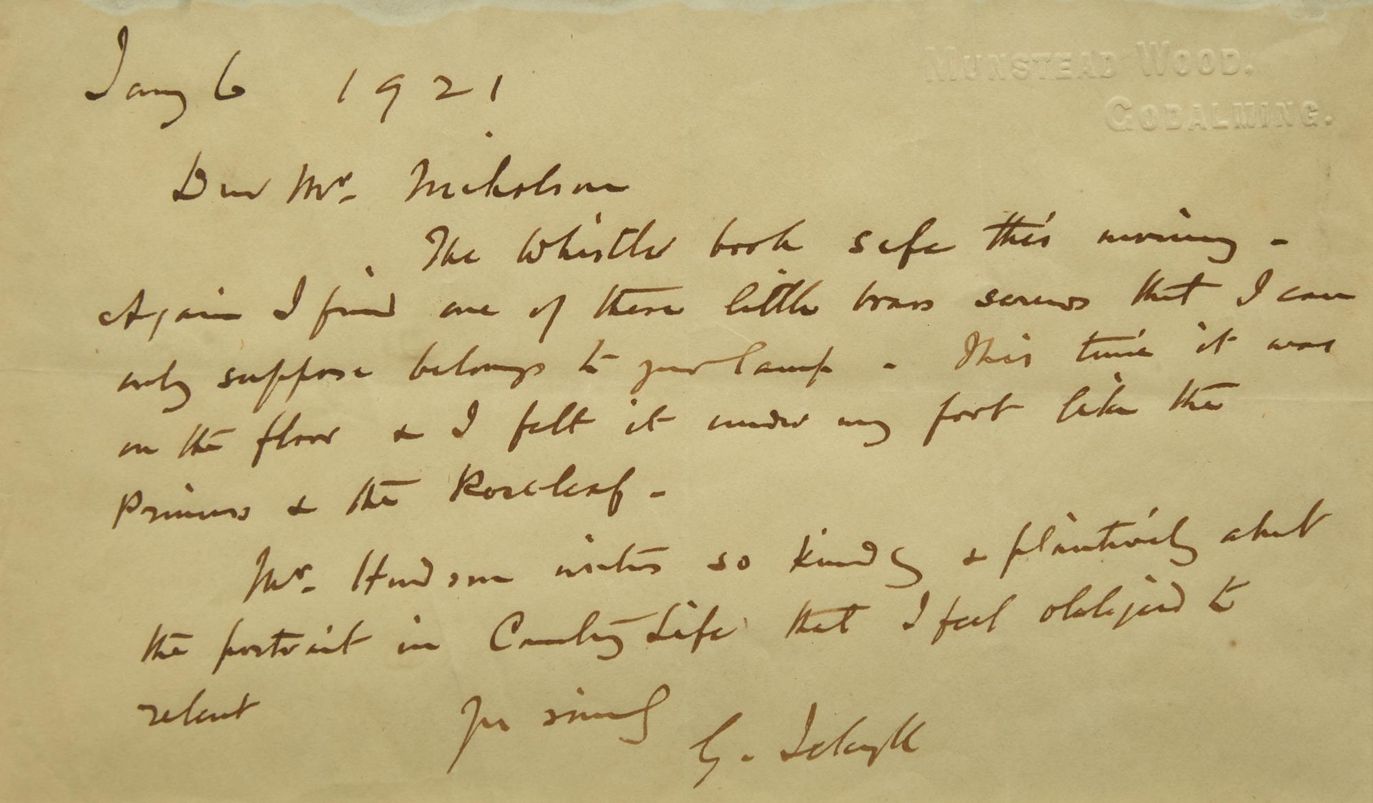 [Gardening] Jekyll, Gertrude. Group of Three Autograph Letters, signed, to artist William Nicholson