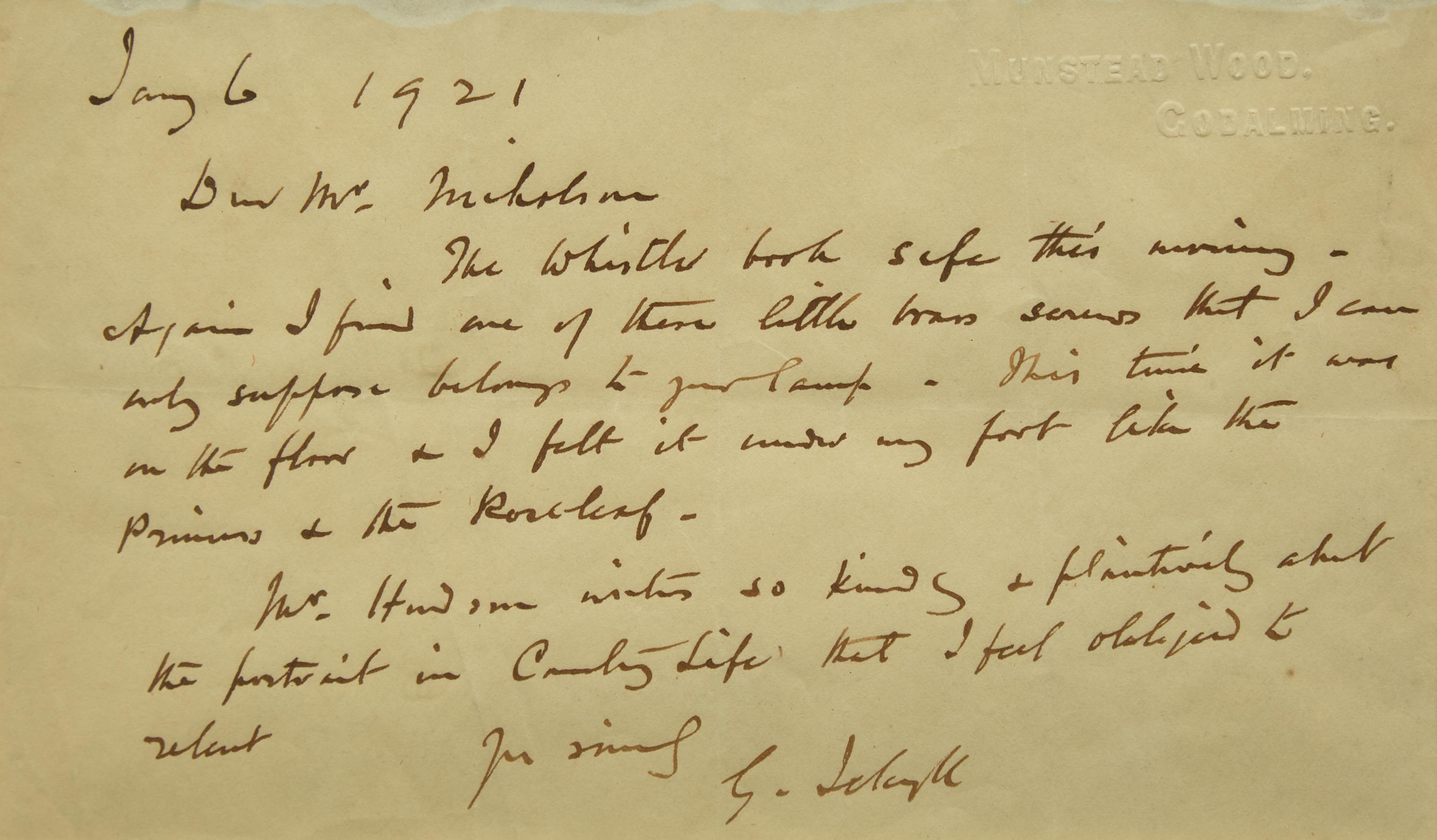 [Gardening] Jekyll, Gertrude. Group of Three Autograph Letters, signed, to artist William Nicholson
