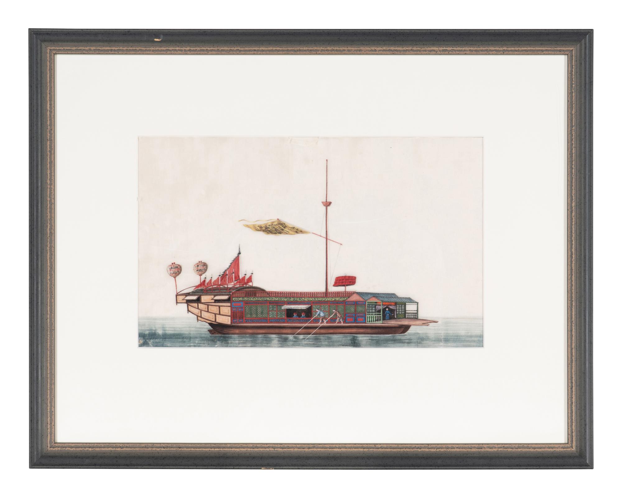 A Set of Eight Chinese Export Pith Paintings, Late Qing Dynasty 清晚期 通草畫船隻圖鏡框八幅
