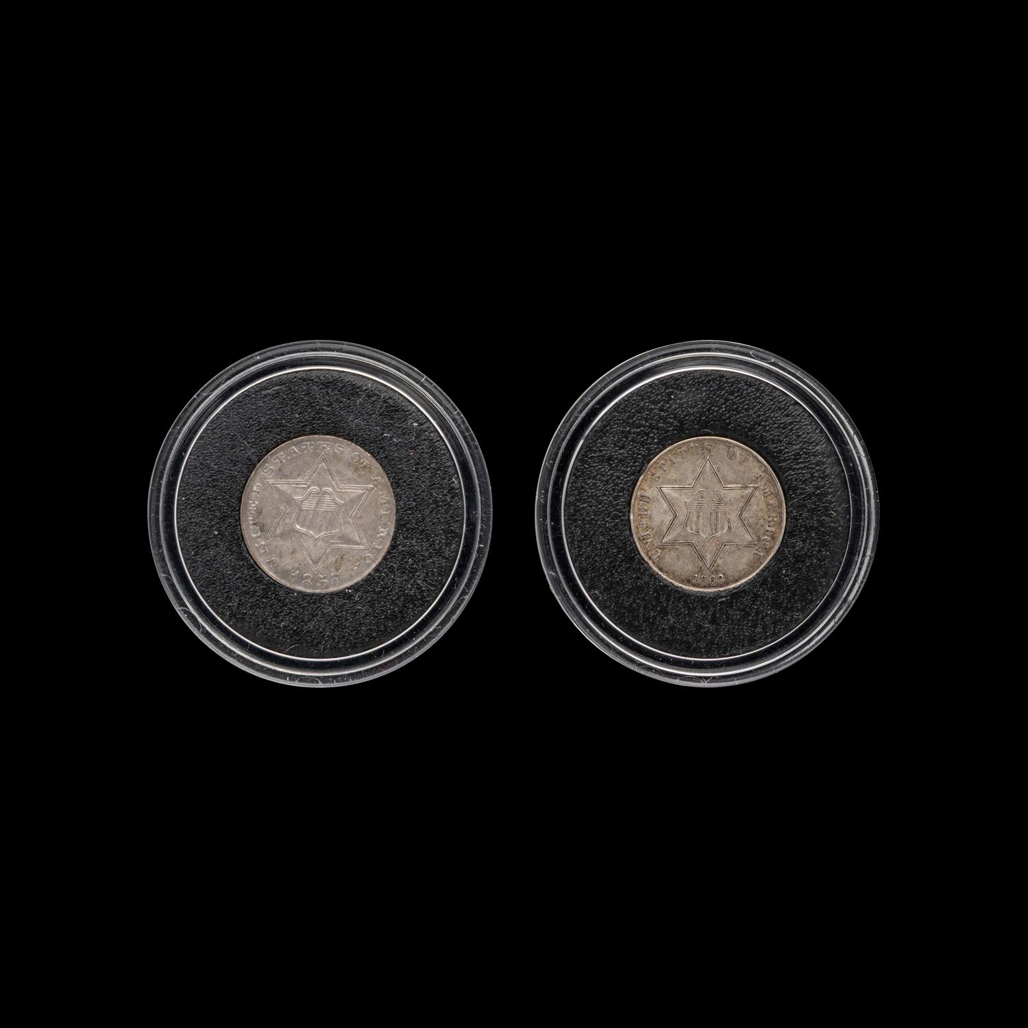 An 1857 and 1862 3c Silver Coin; two coins total