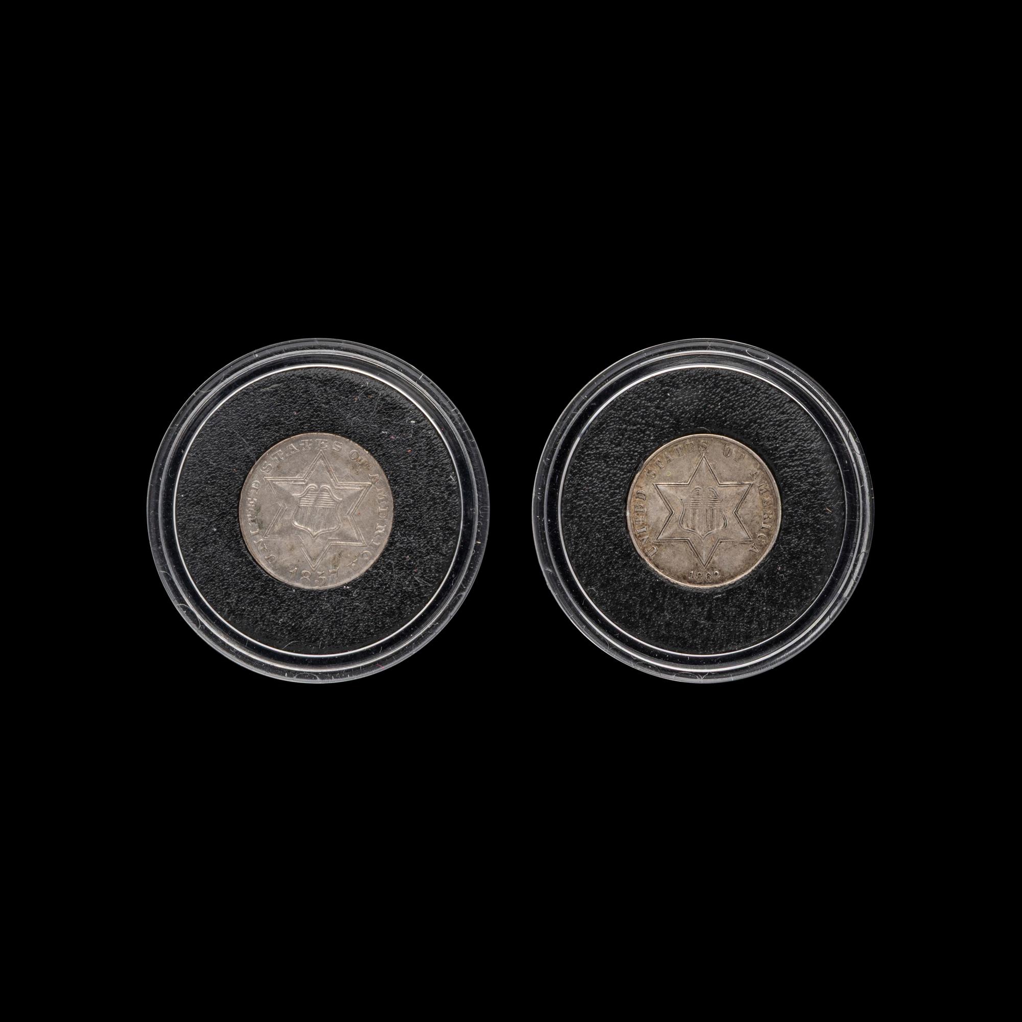 An 1857 and 1862 3c Silver Coin; two coins total