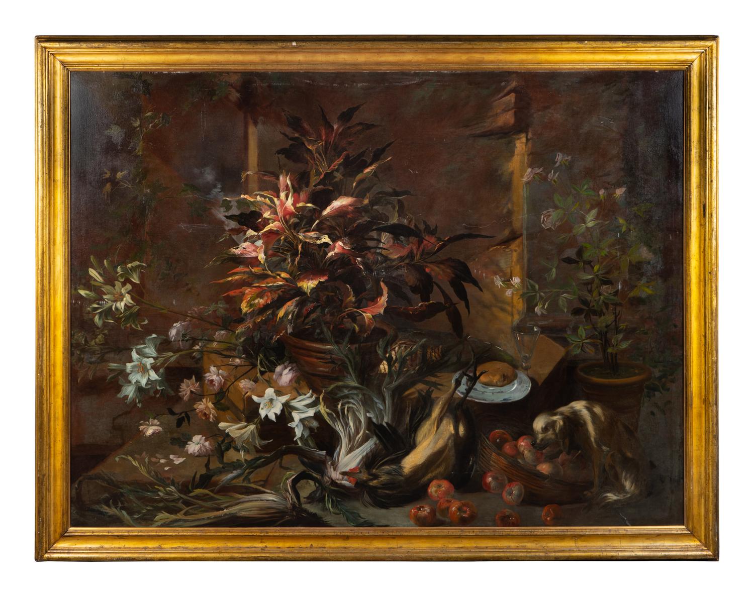 Still Life with Potted Plants and Roses, a Dog, a Basket of Apples, Fennel, a Semi-Plucked Rooster, a Bread Roll on a Plate and a Wine Glass