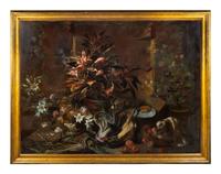 Still Life with Potted Plants and Roses, a Dog, a Basket of Apples, Fennel, a Semi-Plucked Rooster, a Bread Roll on a Plate and a Wine Glass
