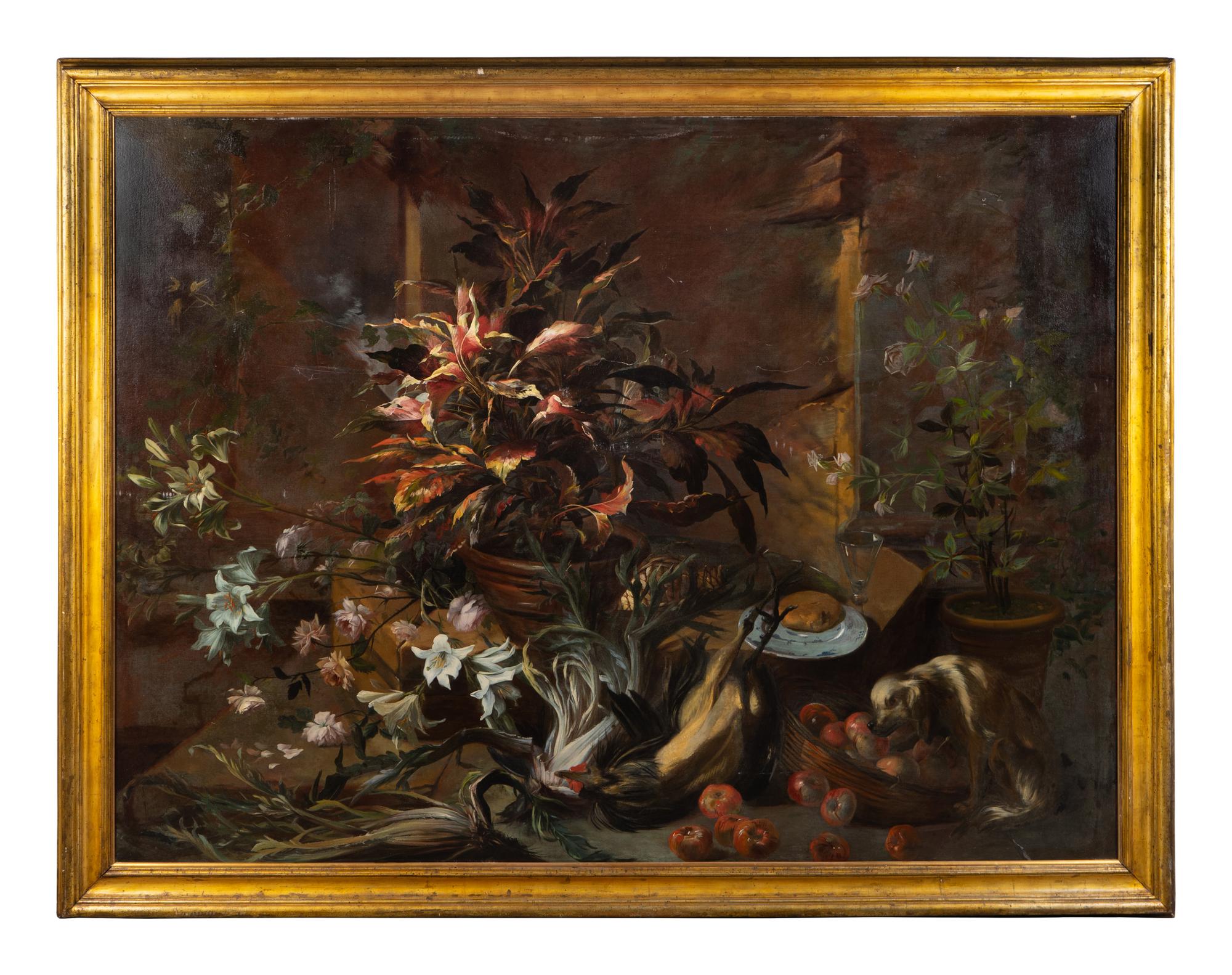 Still Life with Potted Plants and Roses, a Dog, a Basket of Apples, Fennel, a Semi-Plucked Rooster, a Bread Roll on a Plate and a Wine Glass