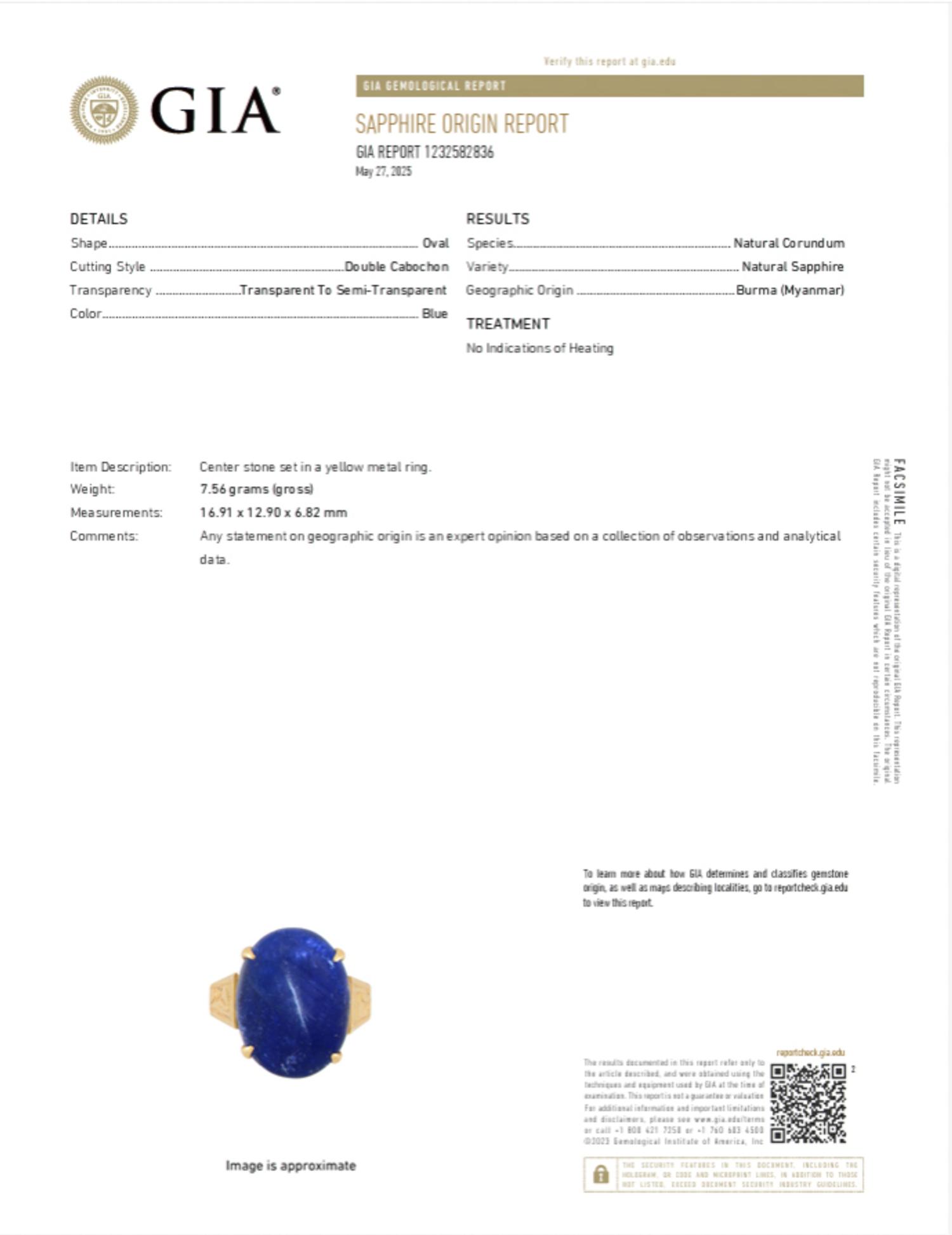 UNHEATED BURMESE SAPPHIRE AND YELLOW GOLD RING