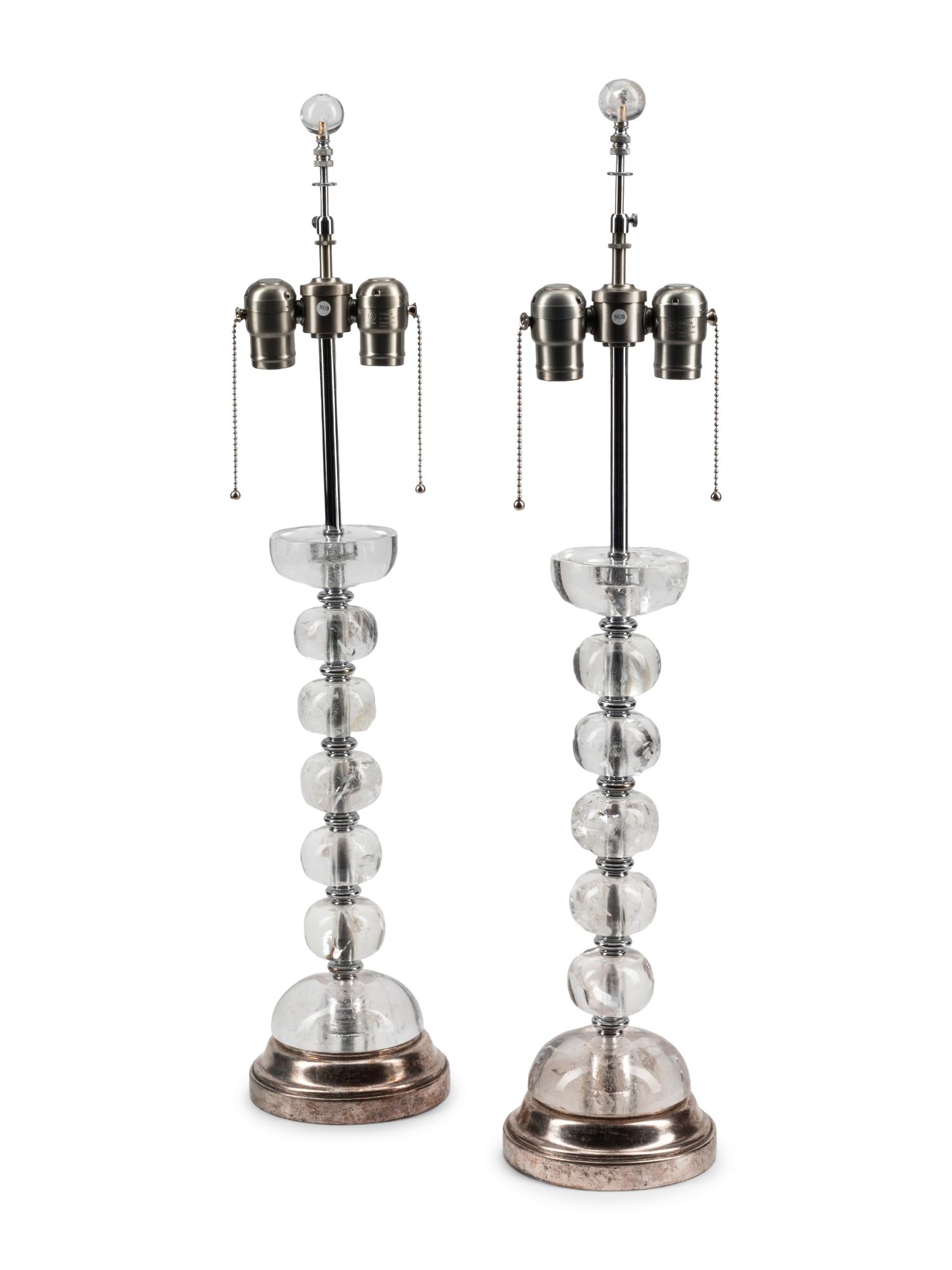 A Pair of Rock Crystal and Silvered Wood Table Lamps