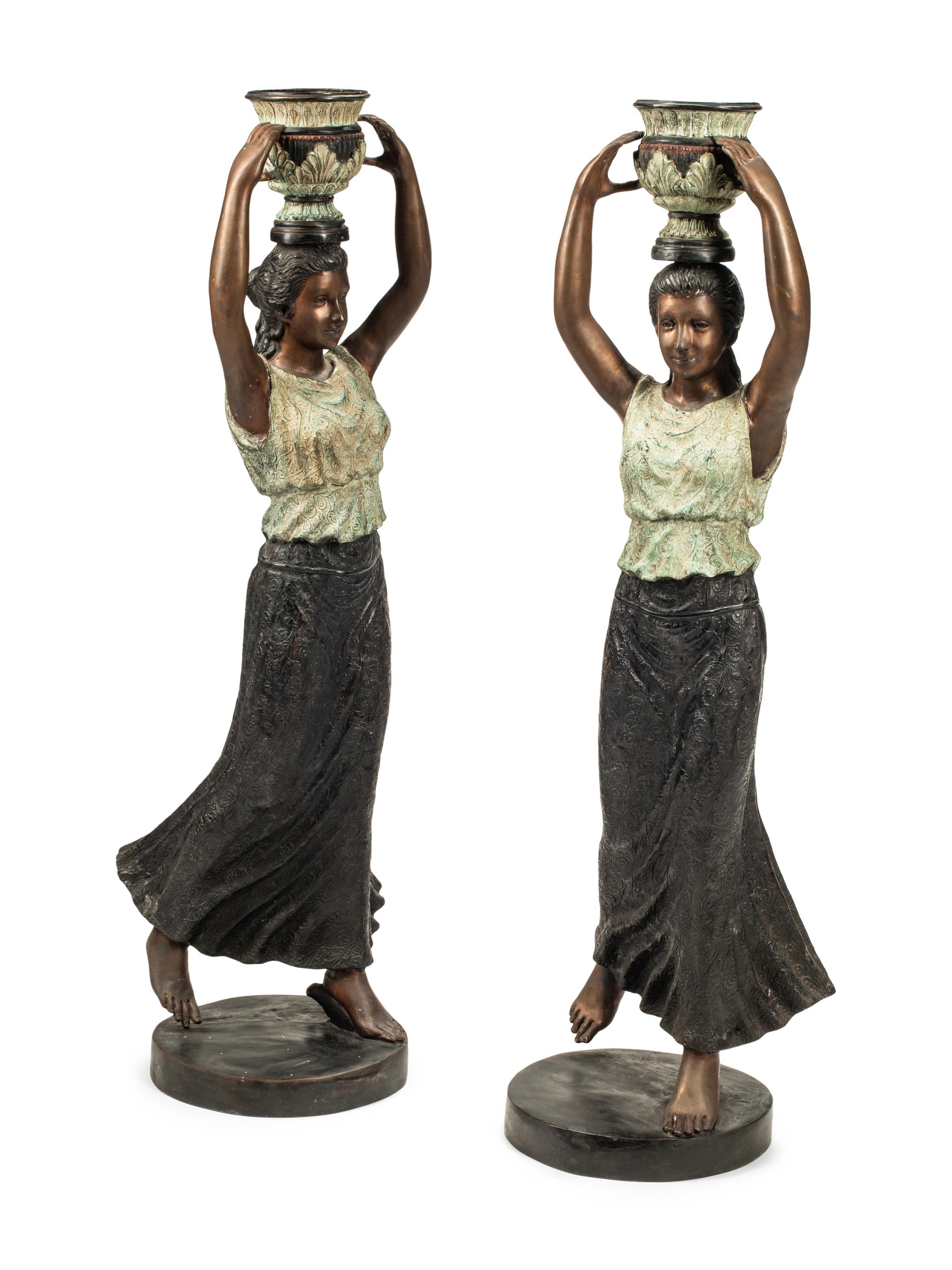 A Pair of Large Polychrome Bronze Figural Jardinières
