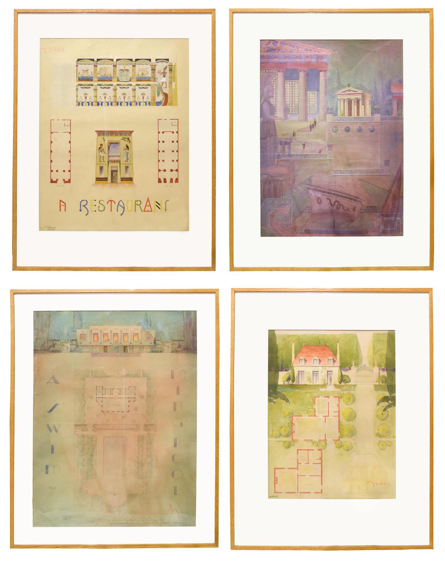 A Set of Four Architectural Presentation Renderings from the University of Illinois Architecture Department 32" W x 1.5" D x 41.5" H — United States, 20th Century