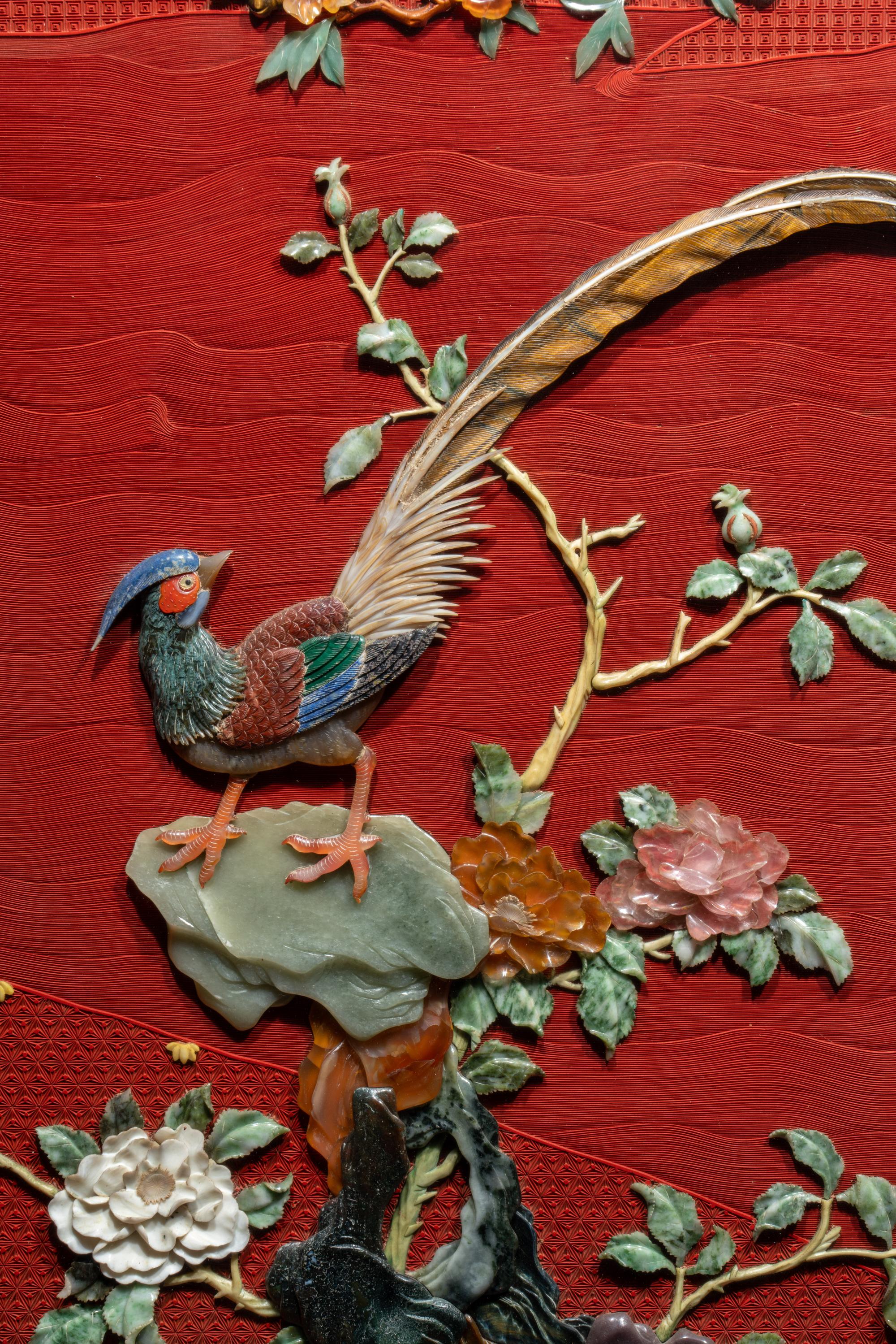 A Pair of Chinese Cinnabar Lacquered Ground Hardstone Inlaid Hanging Screens