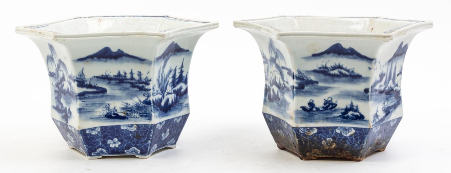A Pair of Blue and White Porcelain Jardinieres Diameter 9 1/2 inches.
