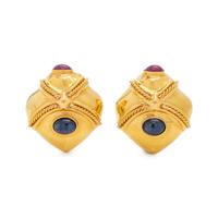 YELLOW GOLD, SAPPHIRE AND RUBY EARCLIPS
