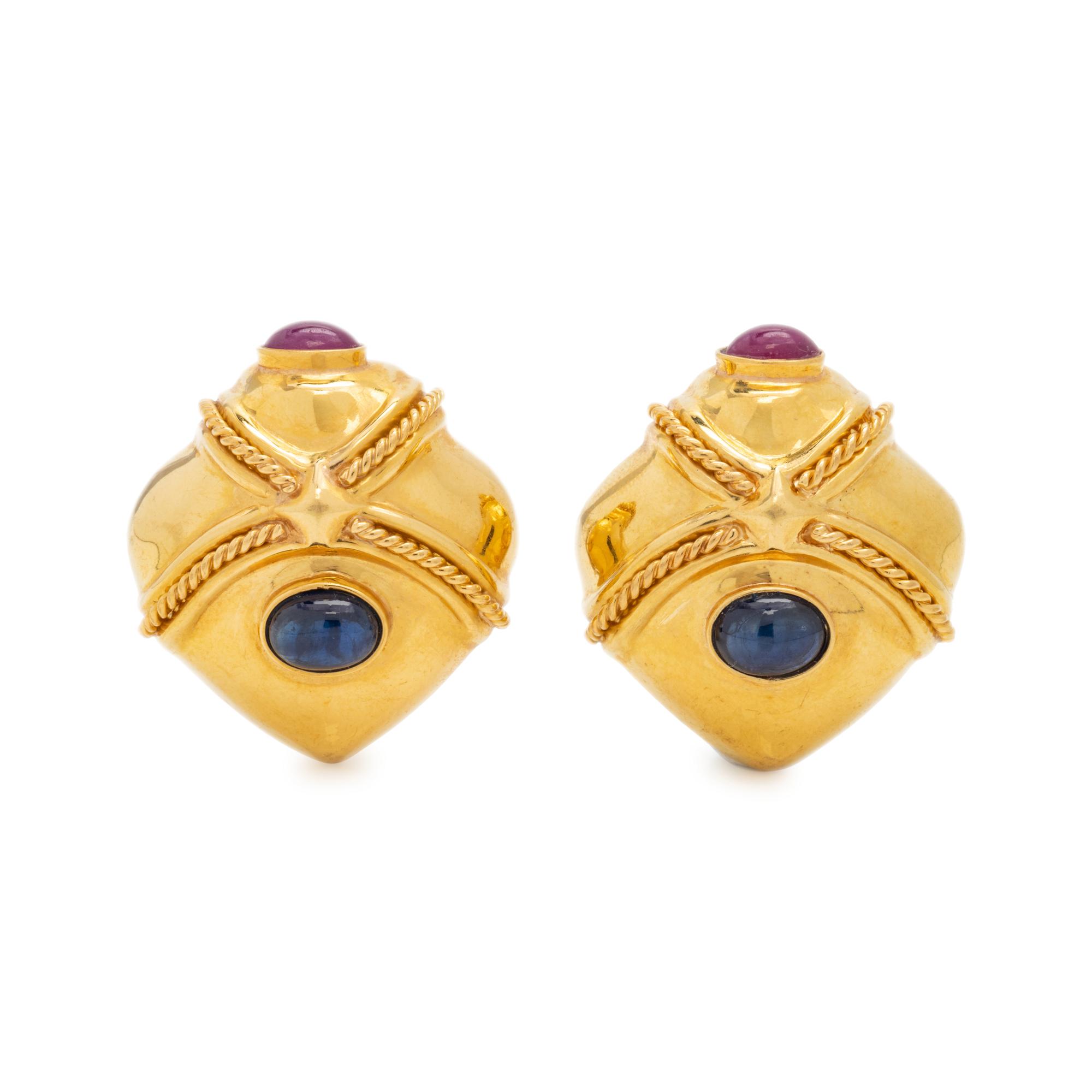 YELLOW GOLD, SAPPHIRE AND RUBY EARCLIPS