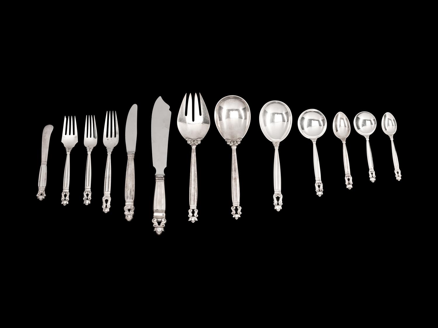 A Georg Jensen Silver Flatware Service, Acorn Pattern