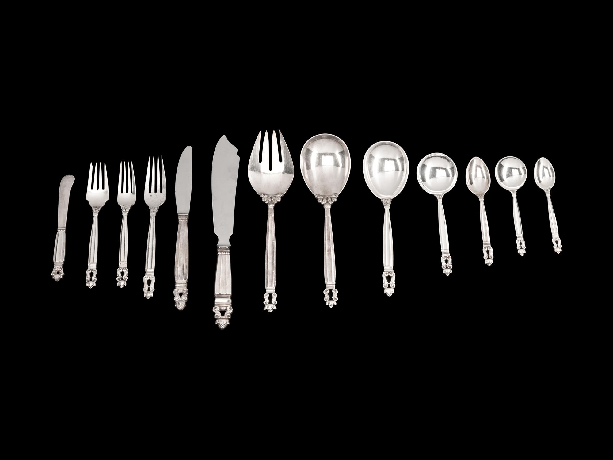 A Georg Jensen Silver Flatware Service, Acorn Pattern