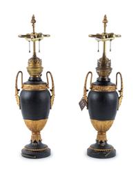 A Pair of Continental Neoclassical Style Urn-Form Electrified Oil Lamps