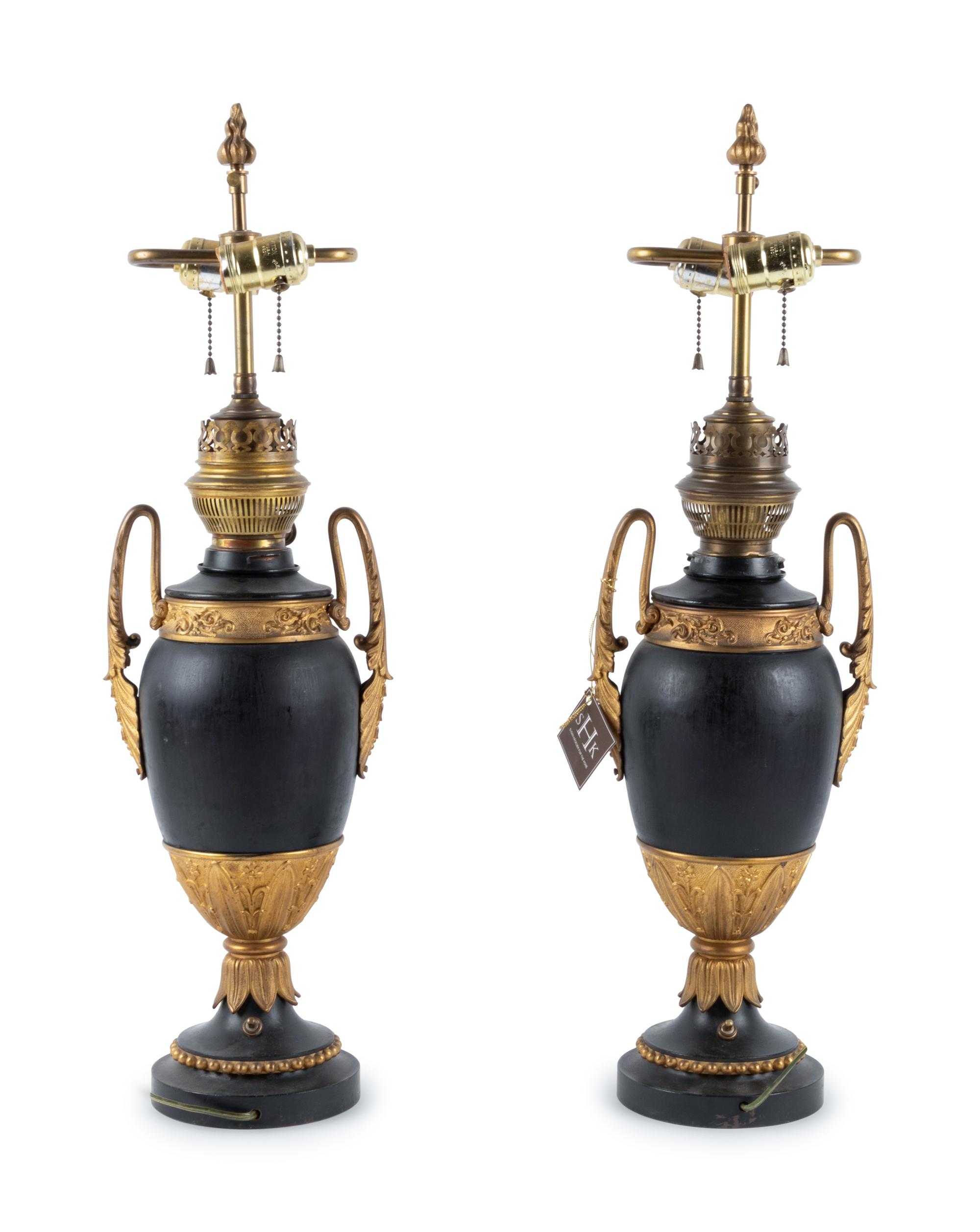 A Pair of Continental Neoclassical Style Urn-Form Electrified Oil Lamps