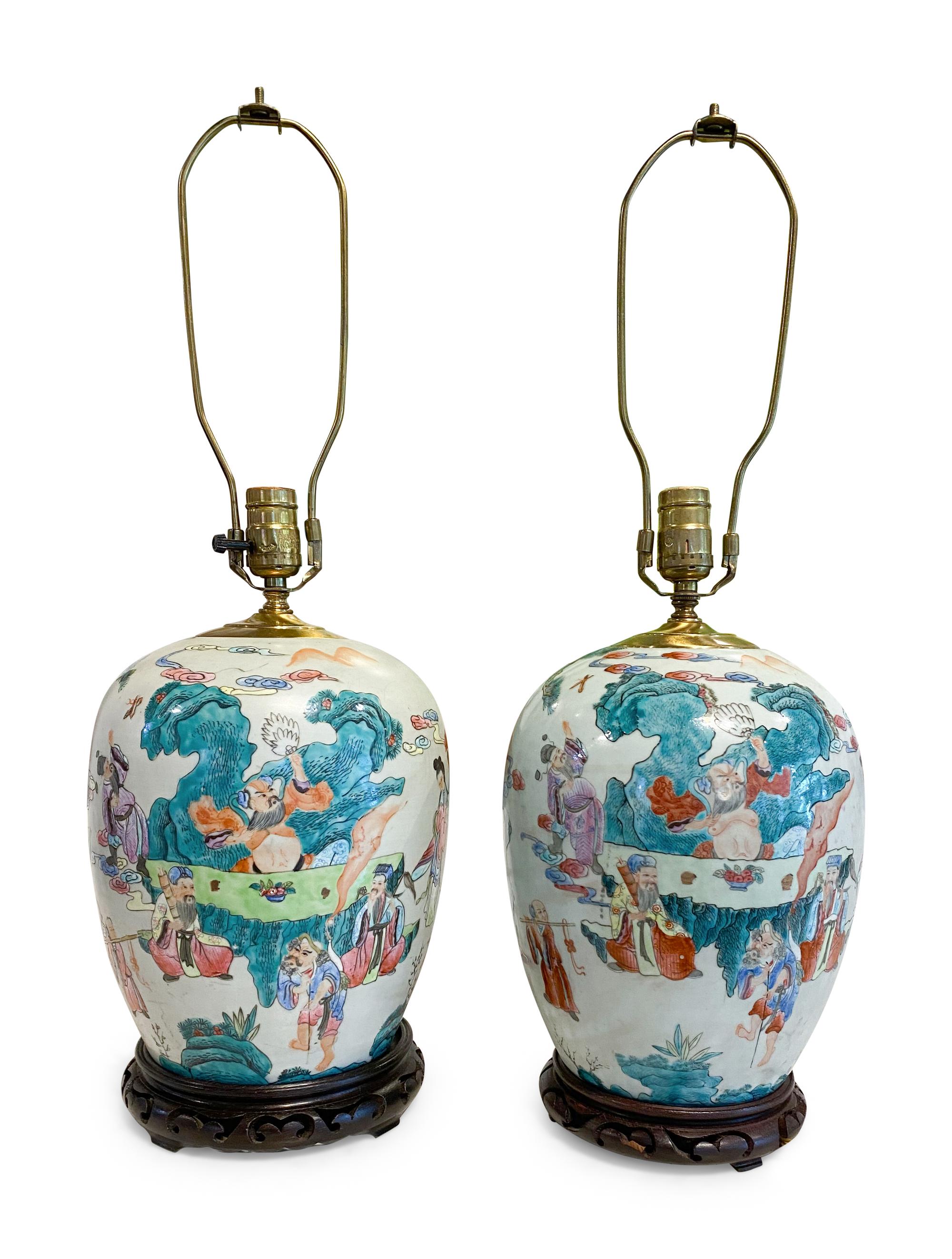 A Pair of Famille Verte Porcelain Jars Mounted as Lamps