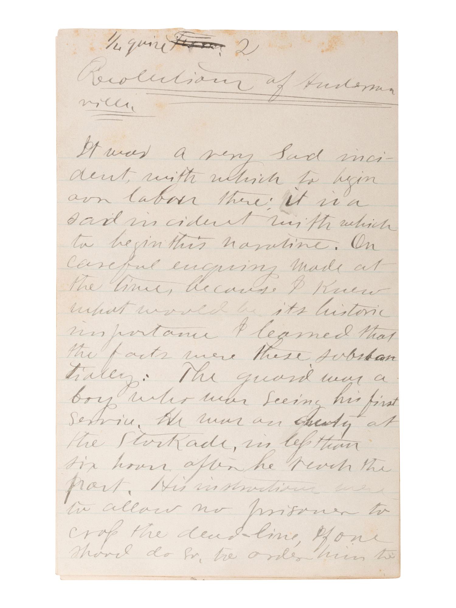 [CIVIL WAR]. "Recolectrance of Andersonville." A post-war manuscript account of Andersonville POW camp authored by former prison guard John Ledley Dagg Hillyer (1848-1910), Co. B, 3rd Regiment Georgia Reserves.