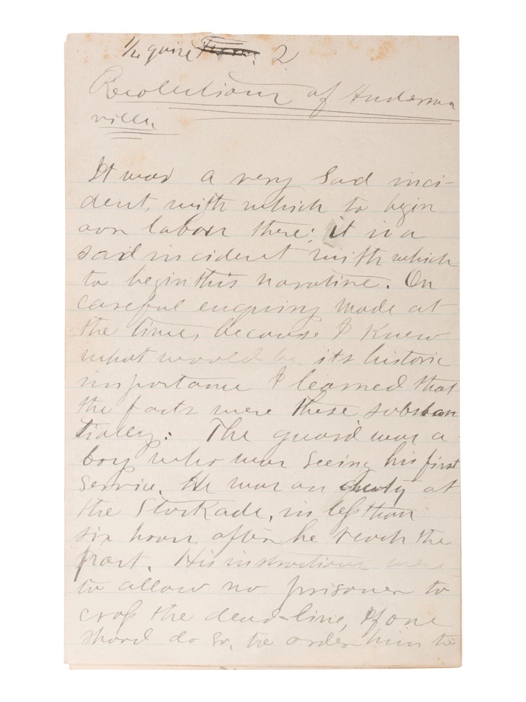 [CIVIL WAR]. "Recolectrance of Andersonville." A post-war manuscript account of Andersonville POW camp authored by former prison guard John Ledley Dagg Hillyer (1848-1910), Co. B, 3rd Regiment Georgia Reserves.