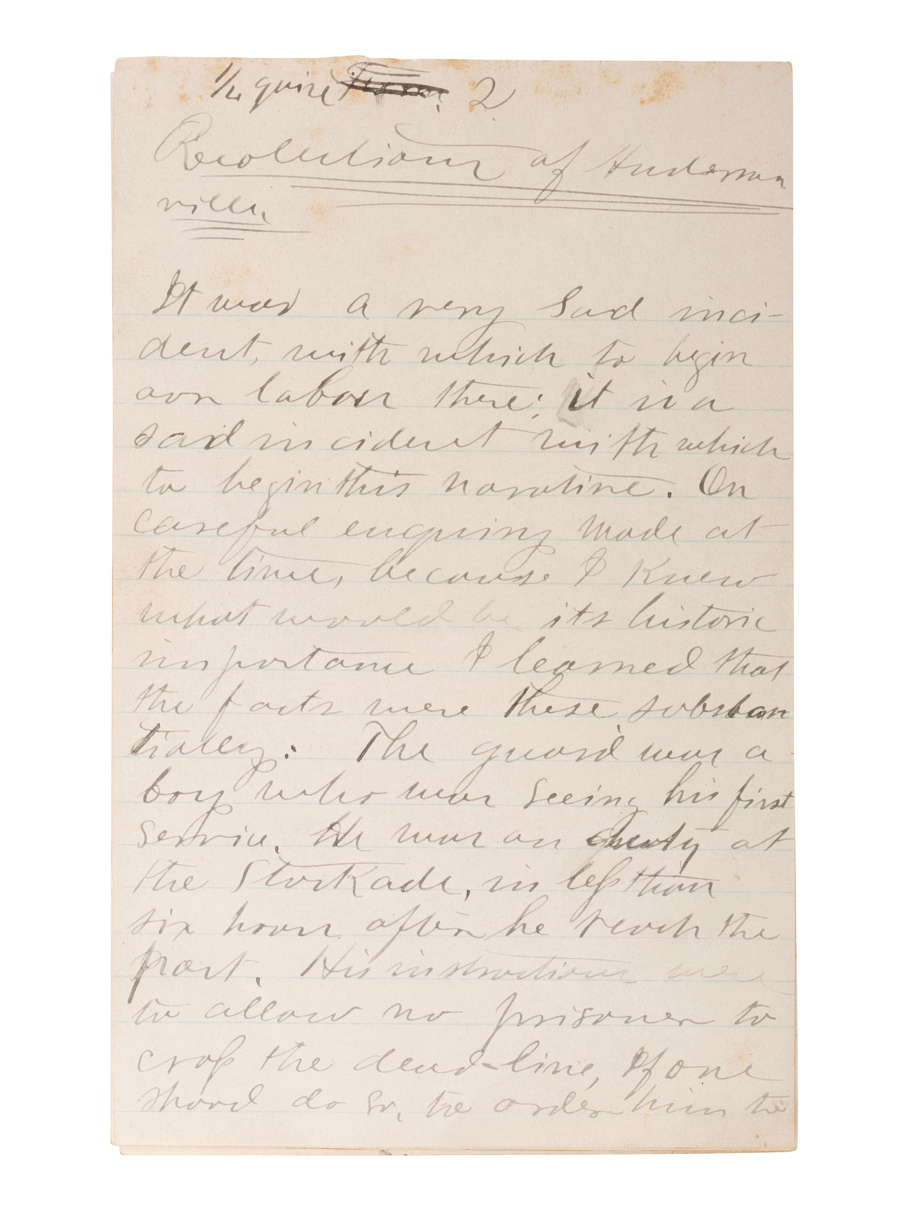 [CIVIL WAR]. "Recolectrance of Andersonville." A post-war manuscript account of Andersonville POW camp authored by former prison guard John Ledley Dagg Hillyer (1848-1910), Co. B, 3rd Regiment Georgia Reserves.