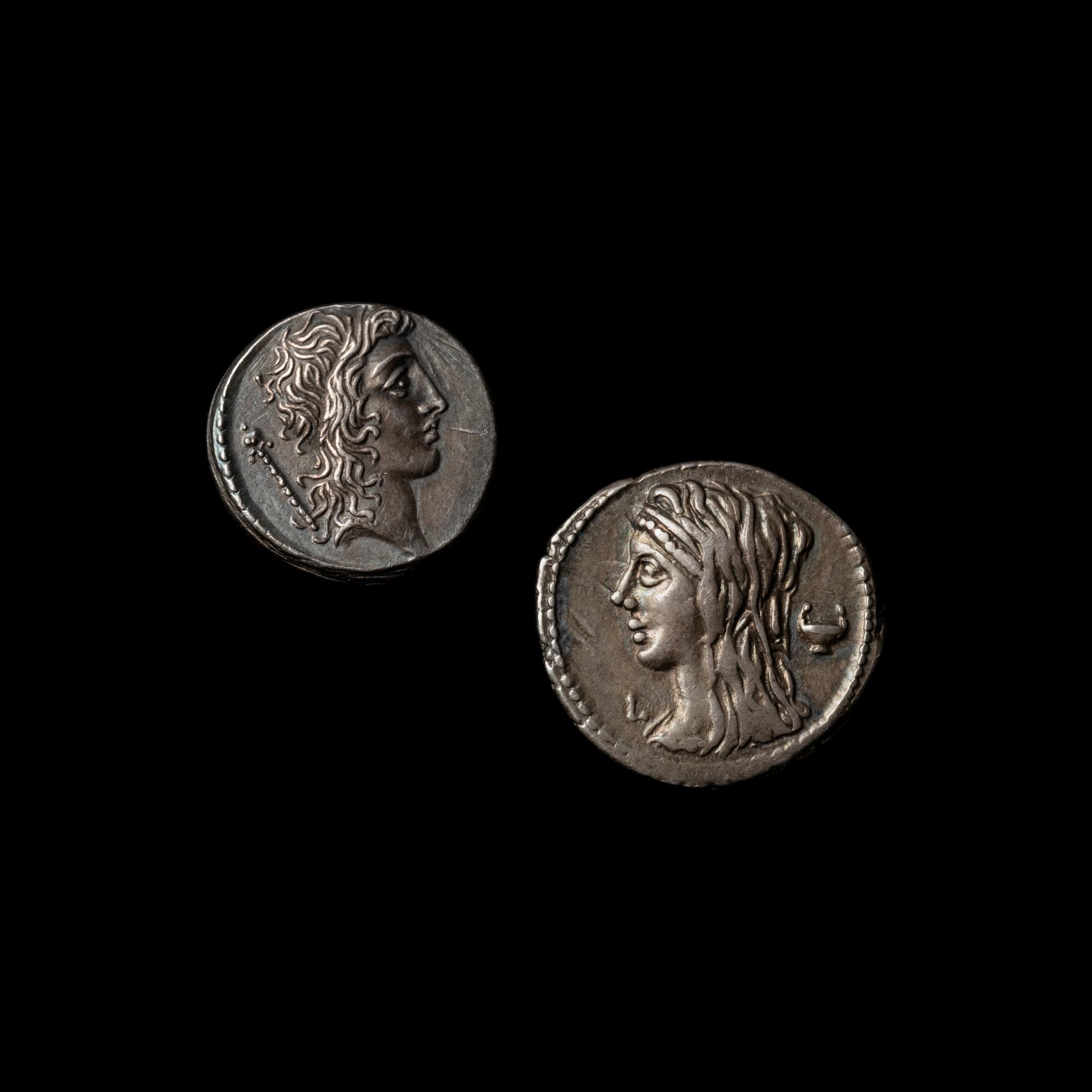 [ANCIENTS] ROMAN REPUBLIC. Q. Cassius Longinus (c. 55 BC). Ar Denarii; Two Coins . one example referring to the trail of two Vestal Vrigins, the other example commemorating the passage of the Lex Cassia (4.0 g, 20mm and 4.0 g, 17 mm) .
