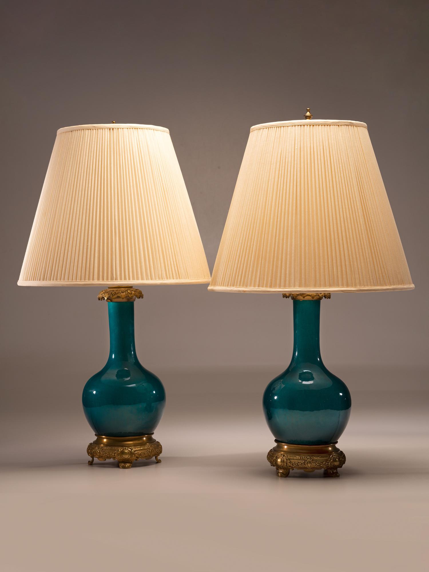 A Pair of Chinese Porcelain Bottle Vase Table Lamps with Bronze Mounts