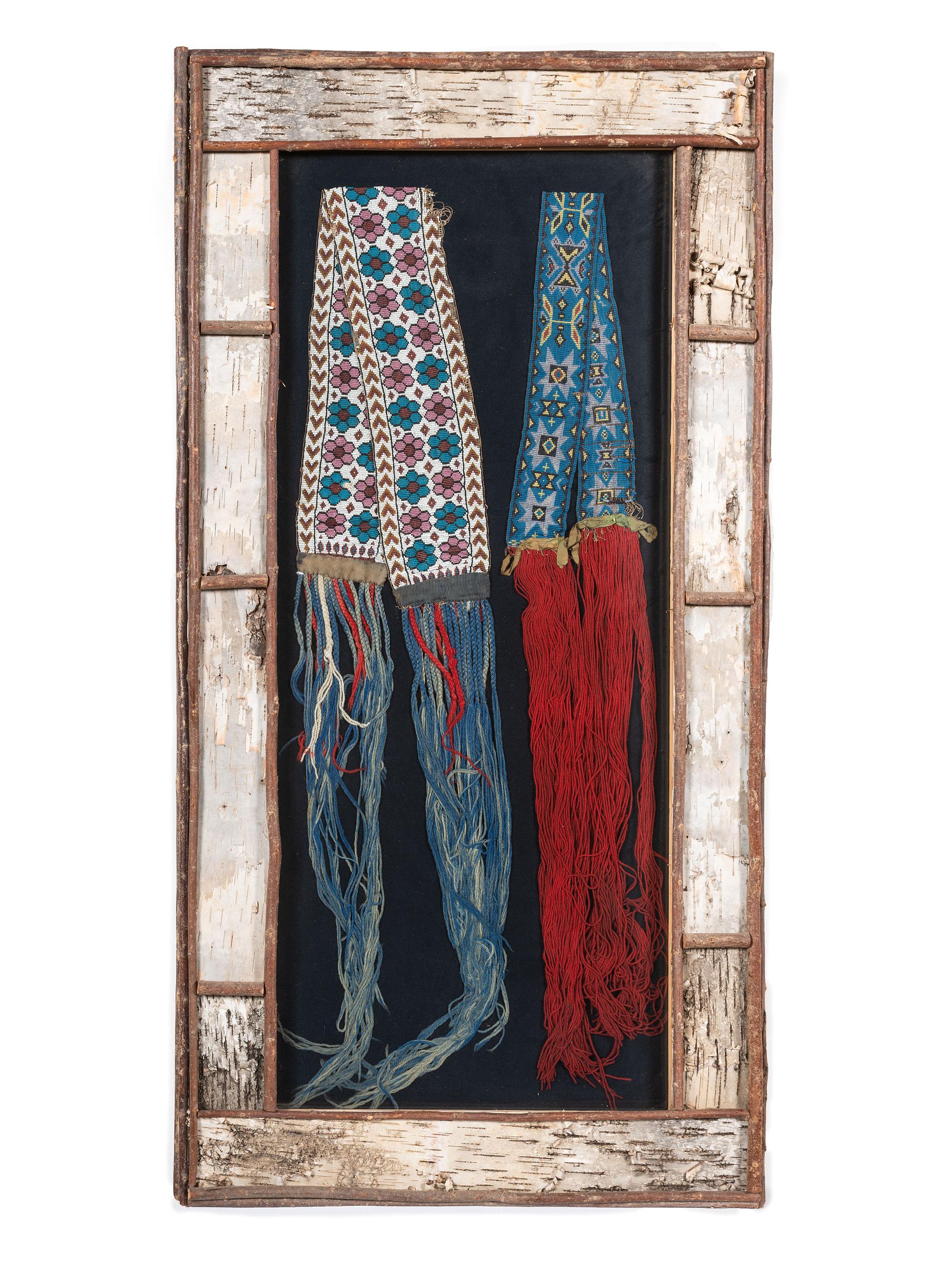 Potawatomi Loom Beaded Sashes, in Birchbark Frame