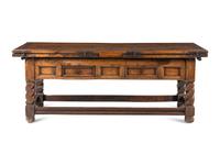 A Swiss Baroque Walnut and Hollywood Marquetry Draw-Leaf Table