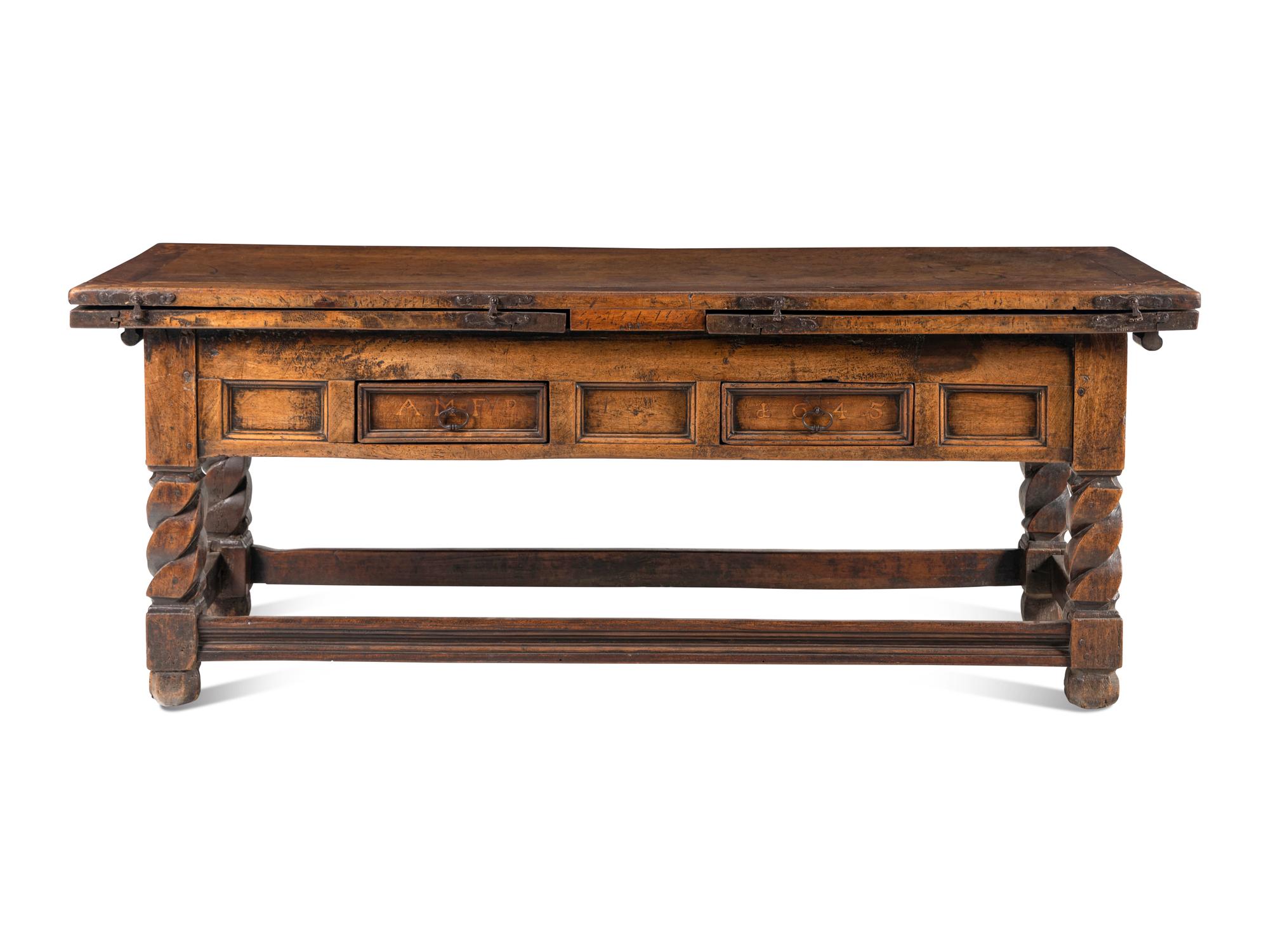 A Swiss Baroque Walnut and Hollywood Marquetry Draw-Leaf Table