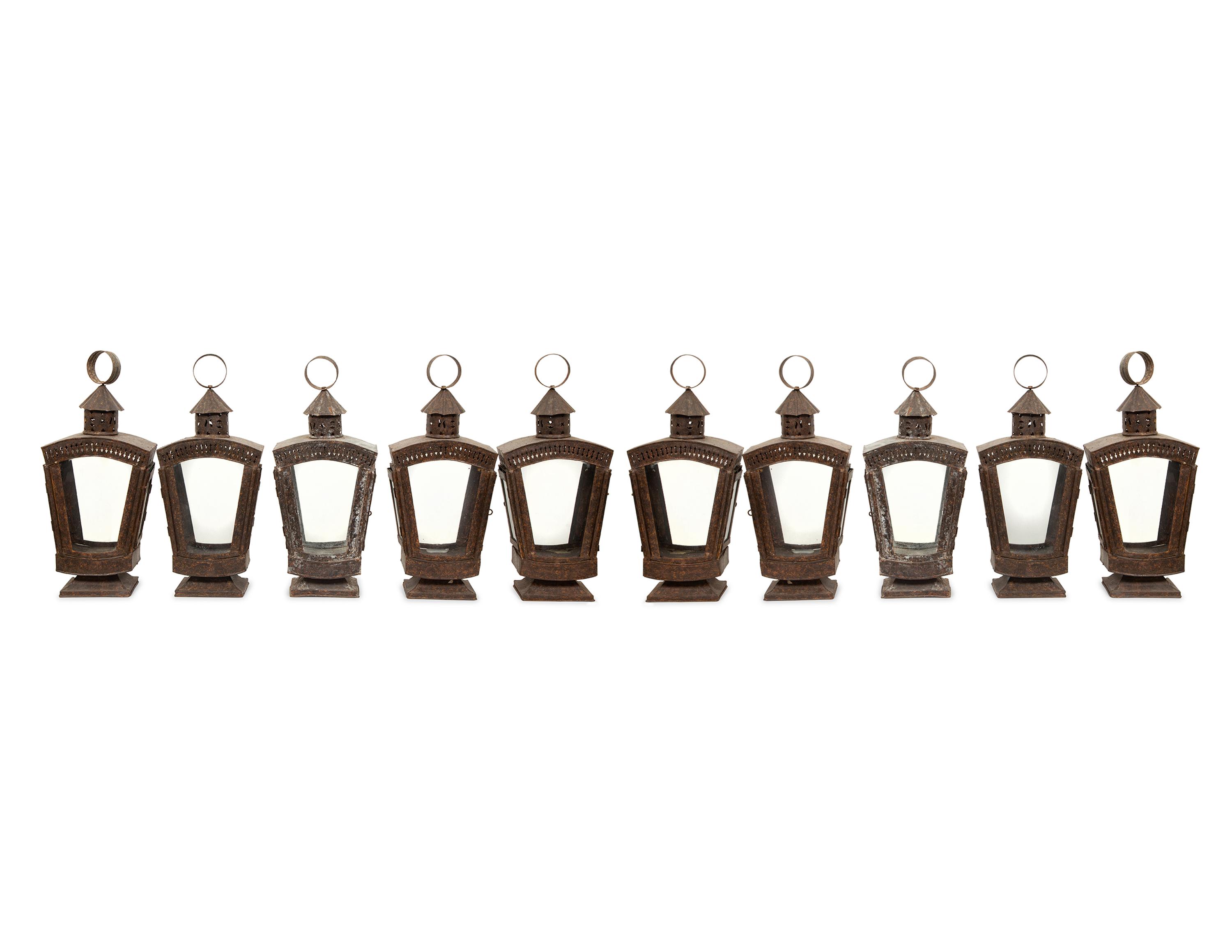 A Group of Ten Patinated Metal Lanterns