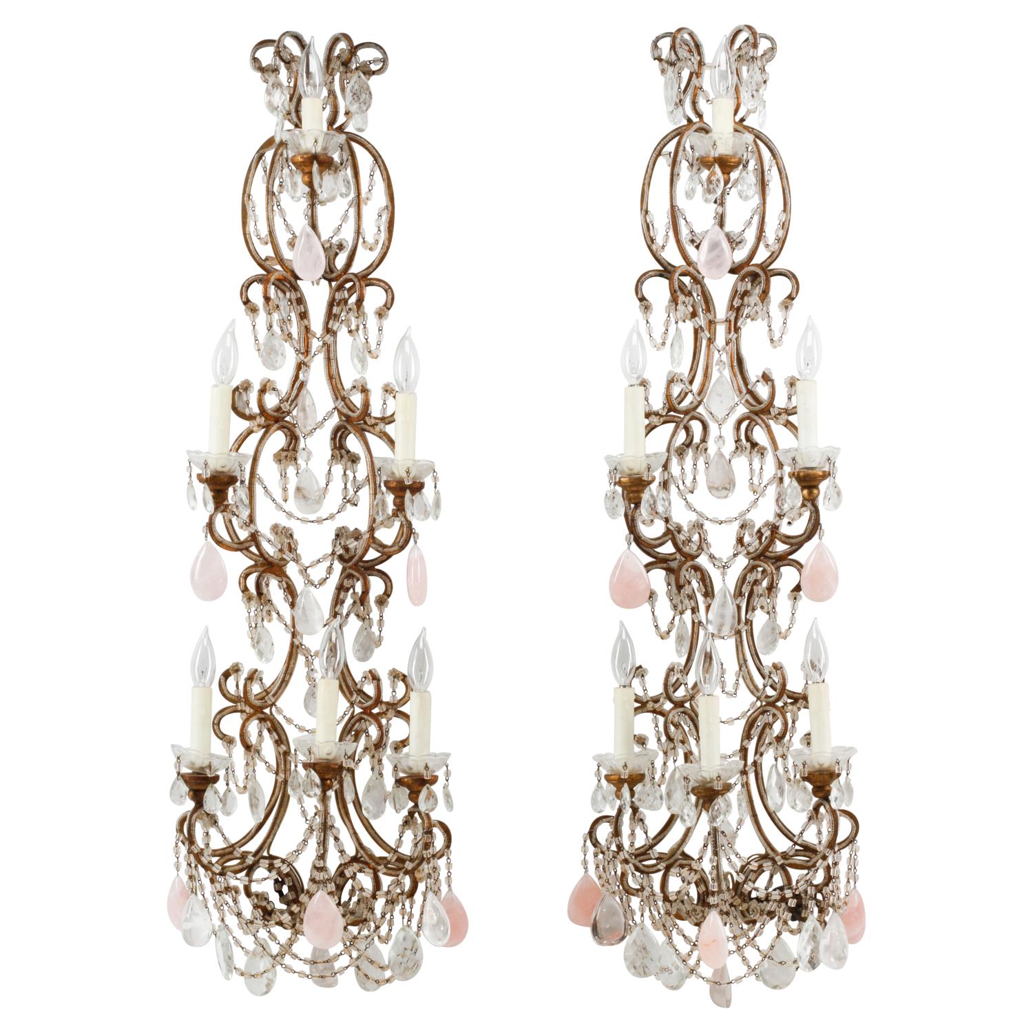 A Pair of Large Rock Crystal, Rose Quartz and Beaded Giltwood Six-Light Sconces