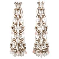 A Pair of Large Rock Crystal, Rose Quartz and Beaded Giltwood Six-Light Sconces