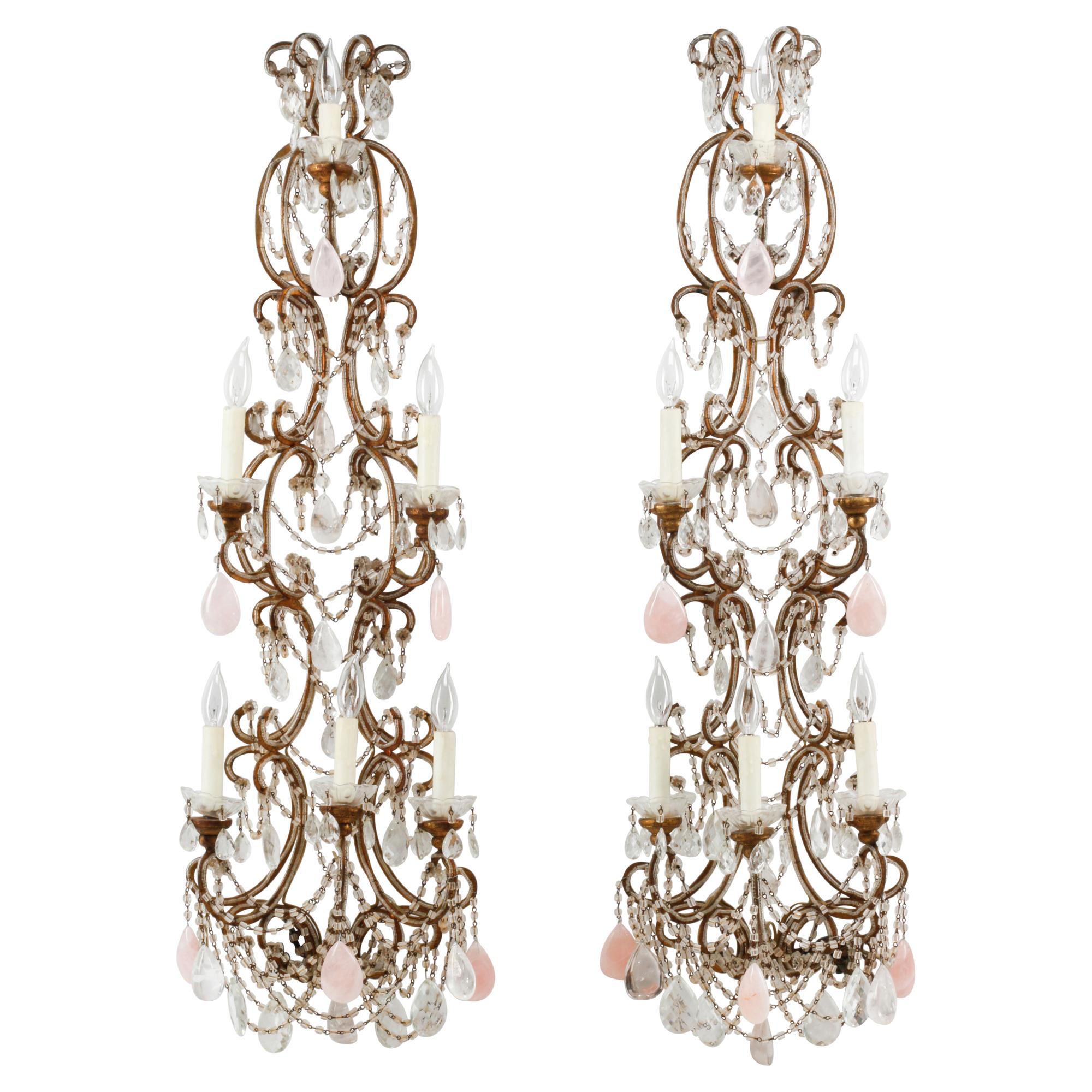 A Pair of Large Rock Crystal, Rose Quartz and Beaded Giltwood Six-Light Sconces