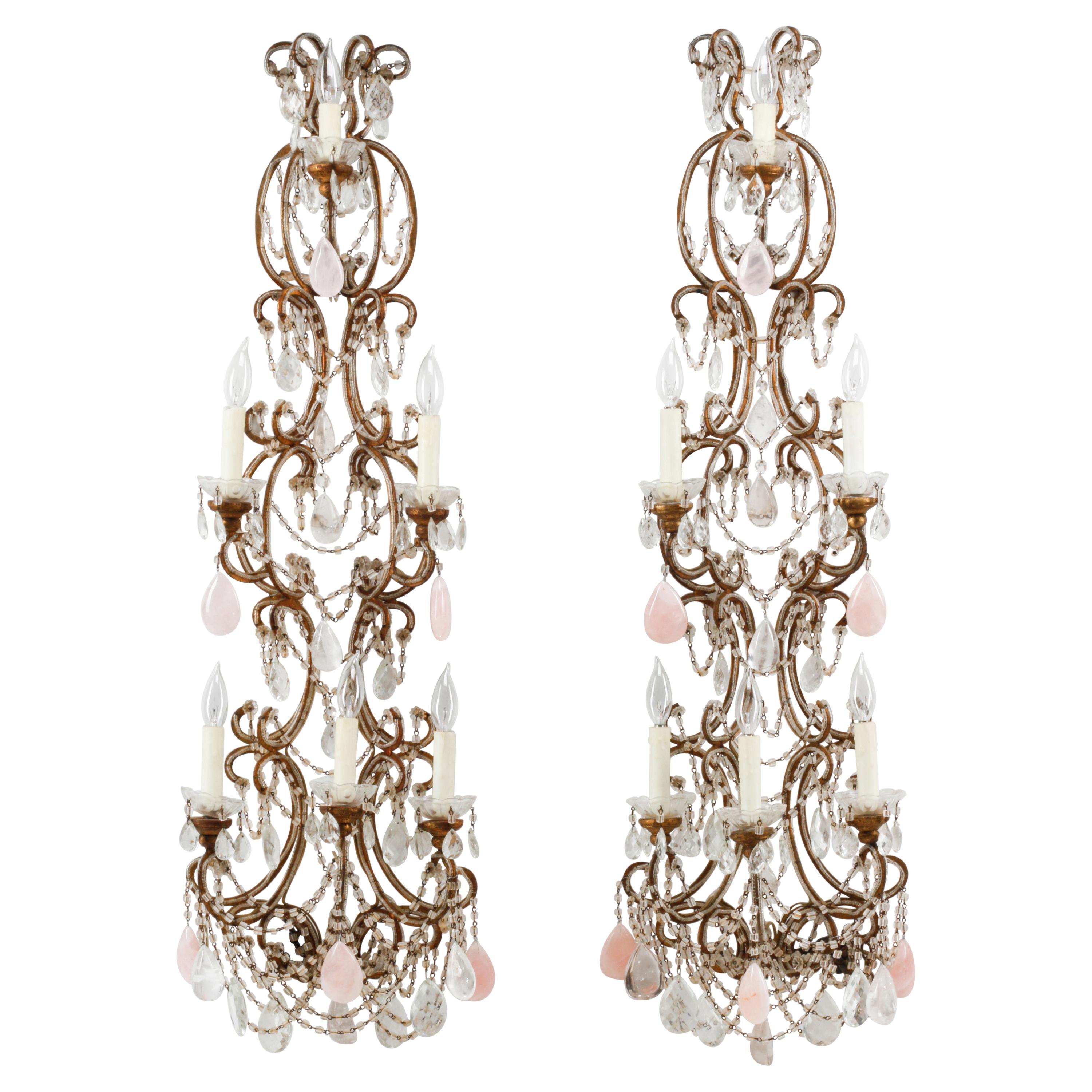 A Pair of Large Rock Crystal, Rose Quartz and Beaded Giltwood Six-Light Sconces