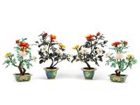 Two Pairs of Chinese Export Hardstone and Cloisonné Enameled Trees